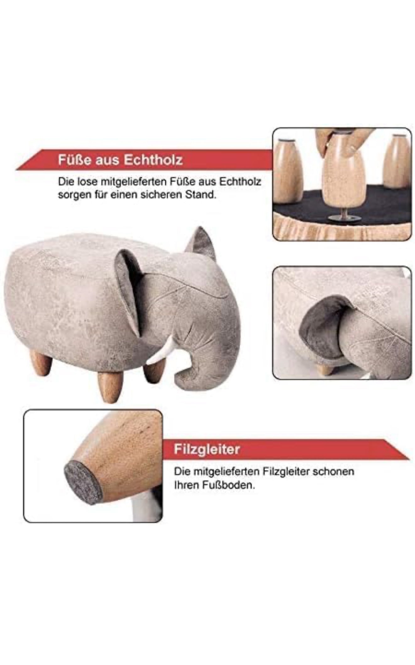 ALTIN™ Tierhocker Elefant – Kinder Sitzhocker 68x35x36 cm | Kunstleder & Massivholzbeine | Polsterhocker fürs Kinderzimmer & Spielzimmer – Grau