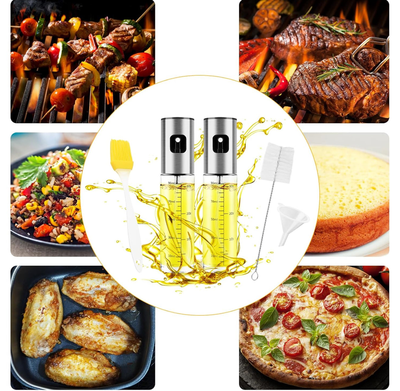 Öl Sprüher Set 2×100ml Glas + Ölpinsel | Nachfüllbar, Grillen, Salat, Küche