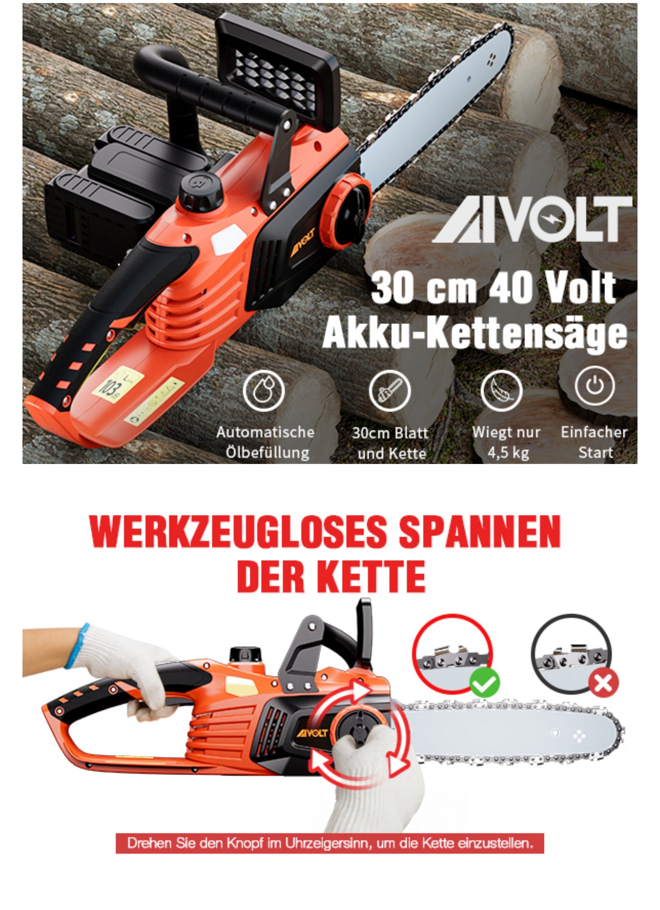 Akku Kettensäge 40 V – 30 cm, Brushless Motor, 2 Akkus & Ladegerät