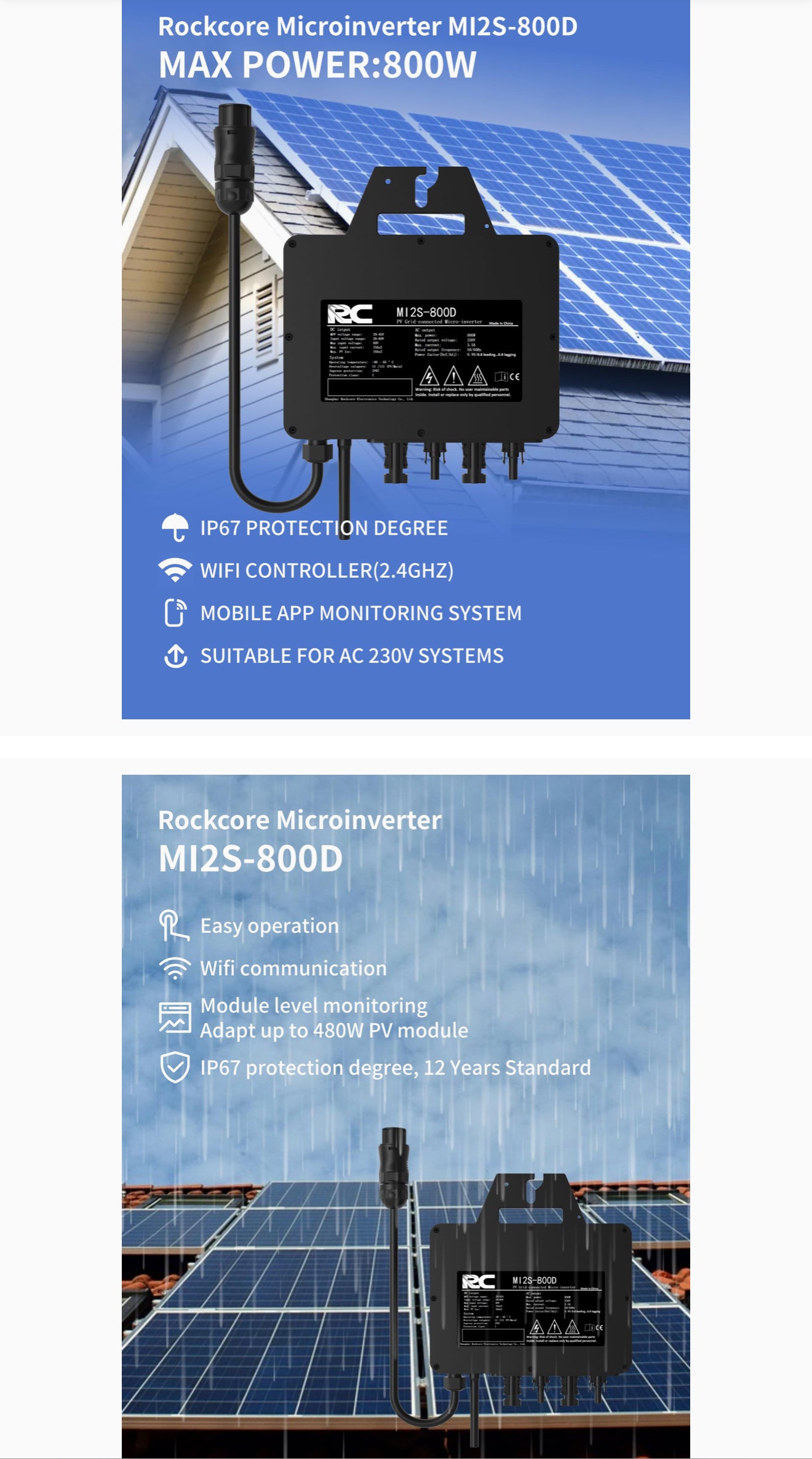 RC Mikroinverter 800W Solar Wechselrichter, 26–60V DC, MPPT, WiFi/Bluetooth, IP67, Balkonkraftwerk