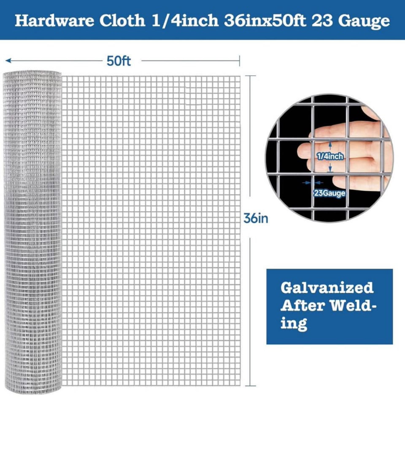 ALTIN™ Verzinkter Maschendrahtzaun 36”x50ft – 1/4”x1/4”, 23 Gauge – Wetterfest & Rostfrei – Ideal für Garten, Hühnergehege, Nagetierschutz