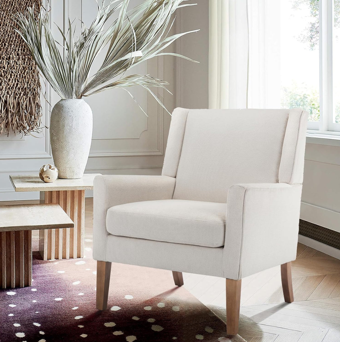 Moderner Akzentstuhl in Beige, Blau, F Blau & Hellgrau – Ergonomisch gepolstert, mit Holzfüßen, hoher Rückenlehne & 150 kg Tragkraft