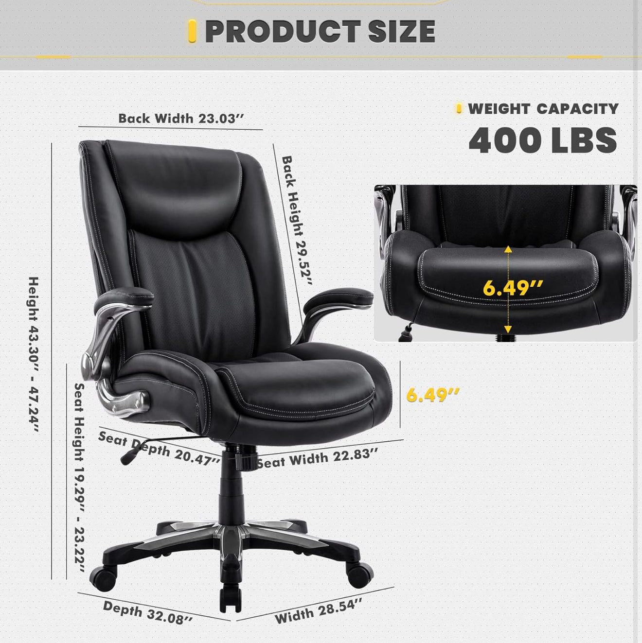 COLAMY XXL Bürostuhl 181 kg Tragkraft – Hochlehner Chefsessel mit klappbaren Armlehnen, Synchronmechanik, 58 cm extra breitem Sitz, ergonomischer Lordosenstütze & atmungsaktivem Kunstleder – Schwarz