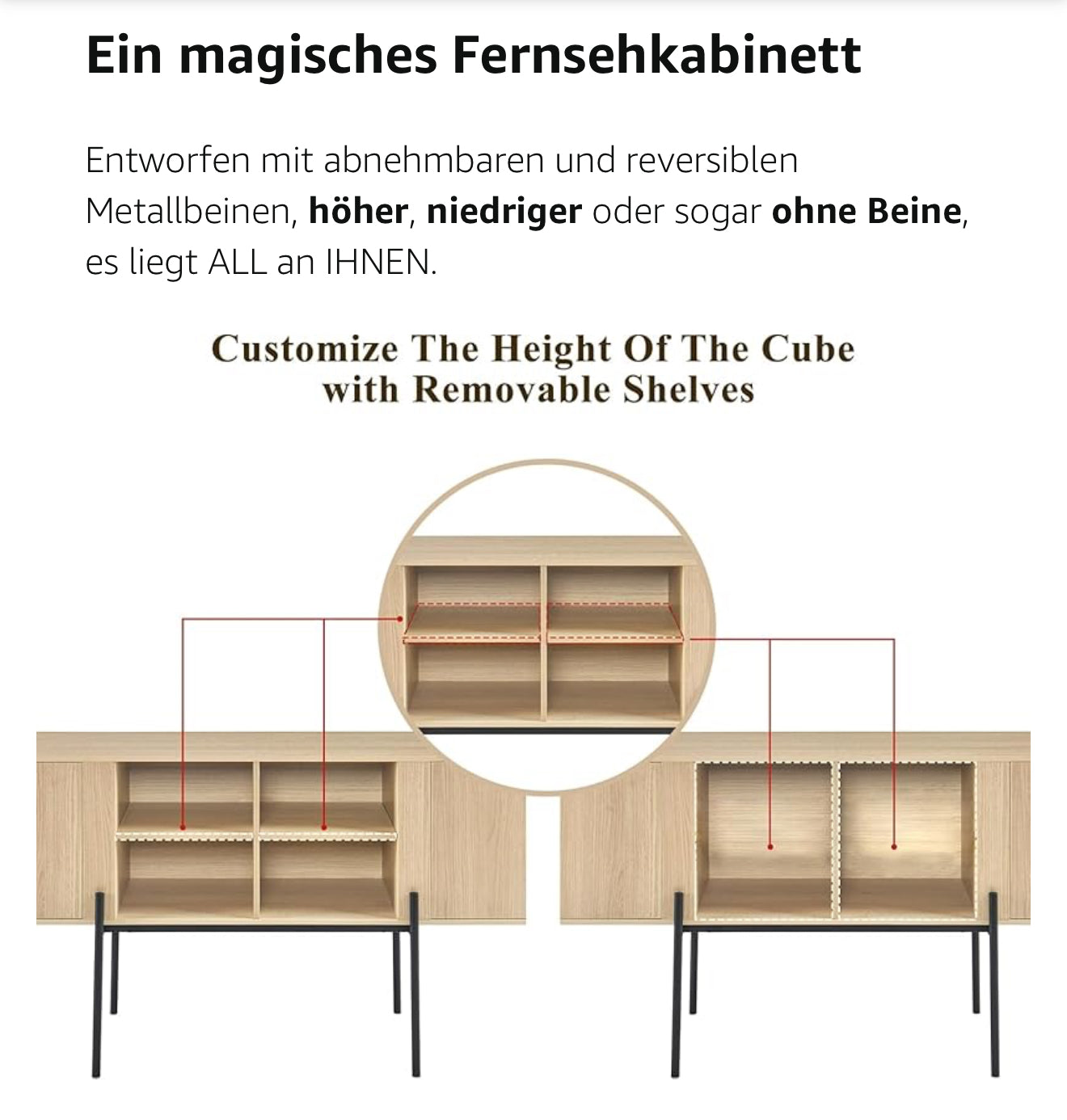 TV-Schrank 140 cm – Eichenoptik, Metallfüße, geeignet für Fernseher bis 65 Zoll – modernes Sideboard mit Türen und offenen Ablagen