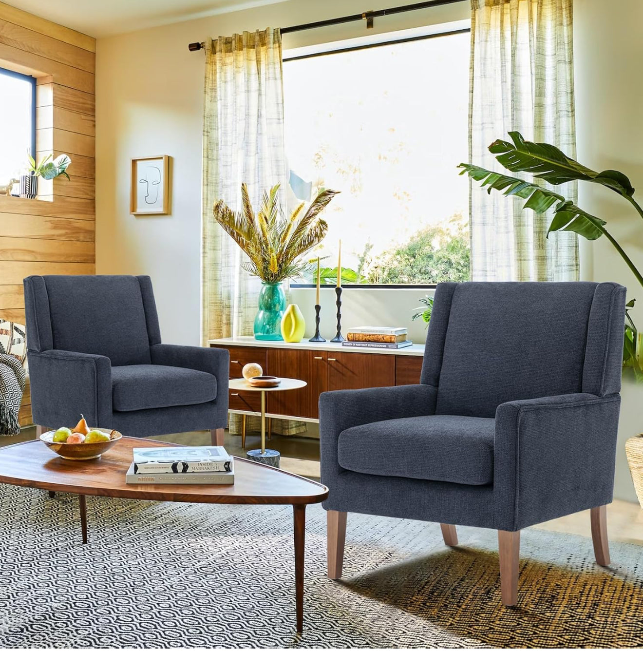 Moderner Akzentstuhl in Beige, Blau, F Blau & Hellgrau – Ergonomisch gepolstert, mit Holzfüßen, hoher Rückenlehne & 150 kg Tragkraft