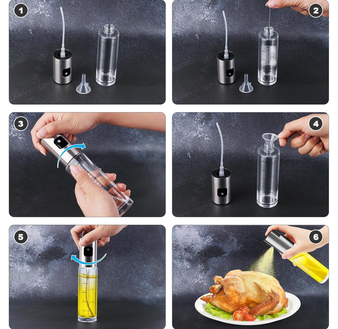Öl Sprüher Set 2×100ml Glas + Ölpinsel | Nachfüllbar, Grillen, Salat, Küche