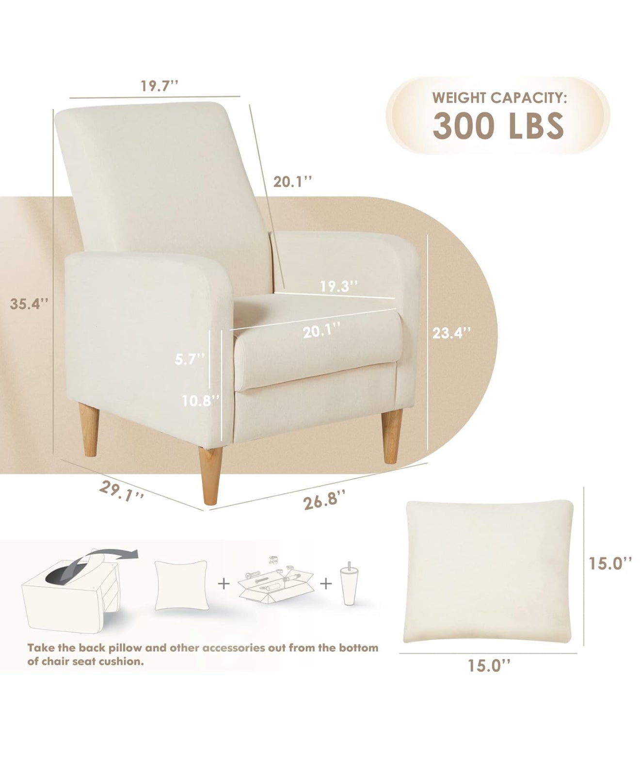 COLAMY Einzelsessel – Moderner Polstersessel mit Holzbeinen, Memory-Schaum & ergonomischer Rückenlehne – 5 Farben verfügbar (Gelb, Beige, Blau, Grau , Creme )