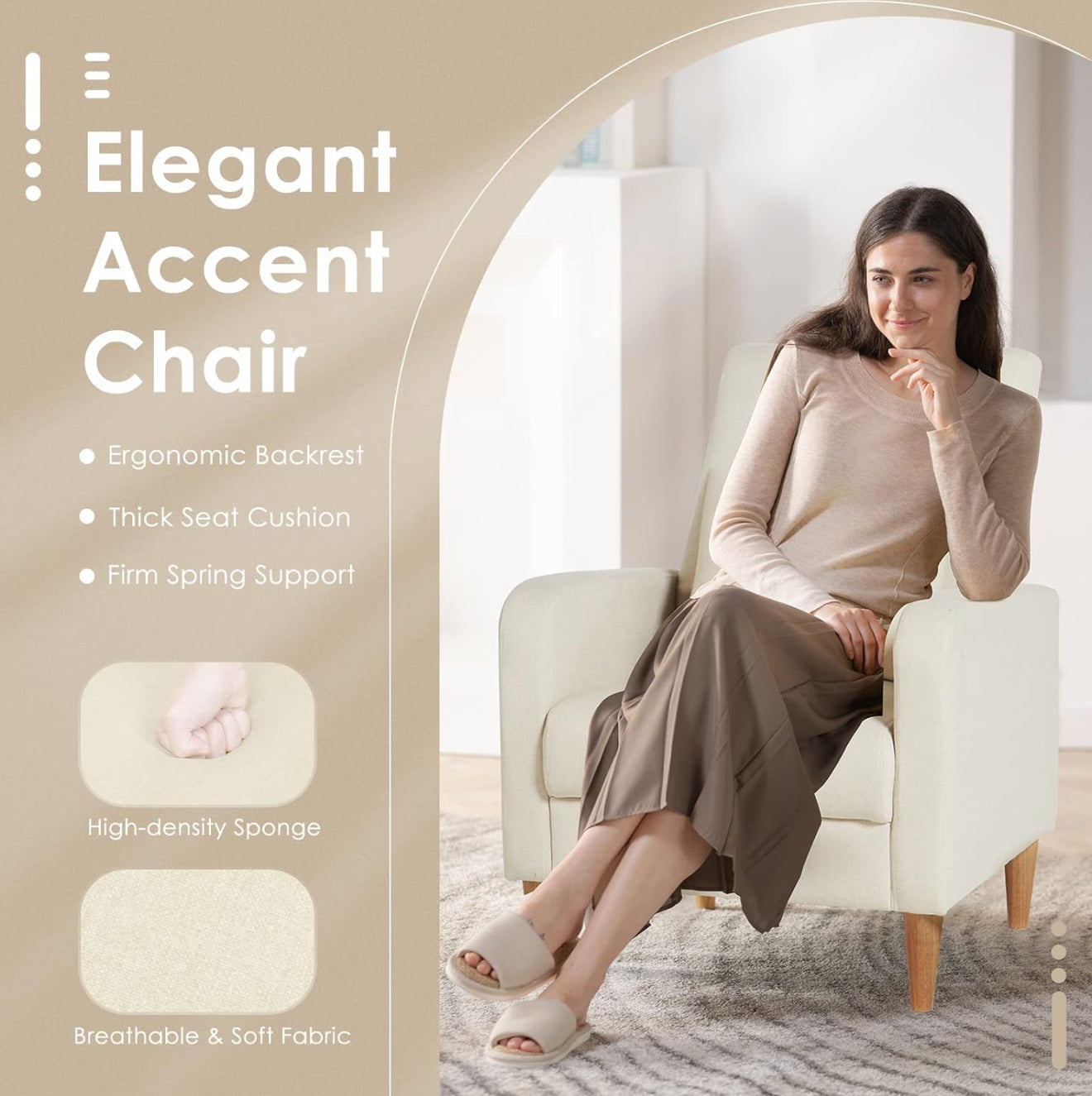 COLAMY Einzelsessel – Moderner Polstersessel mit Holzbeinen, Memory-Schaum & ergonomischer Rückenlehne – 5 Farben verfügbar (Gelb, Beige, Blau, Grau , Creme )