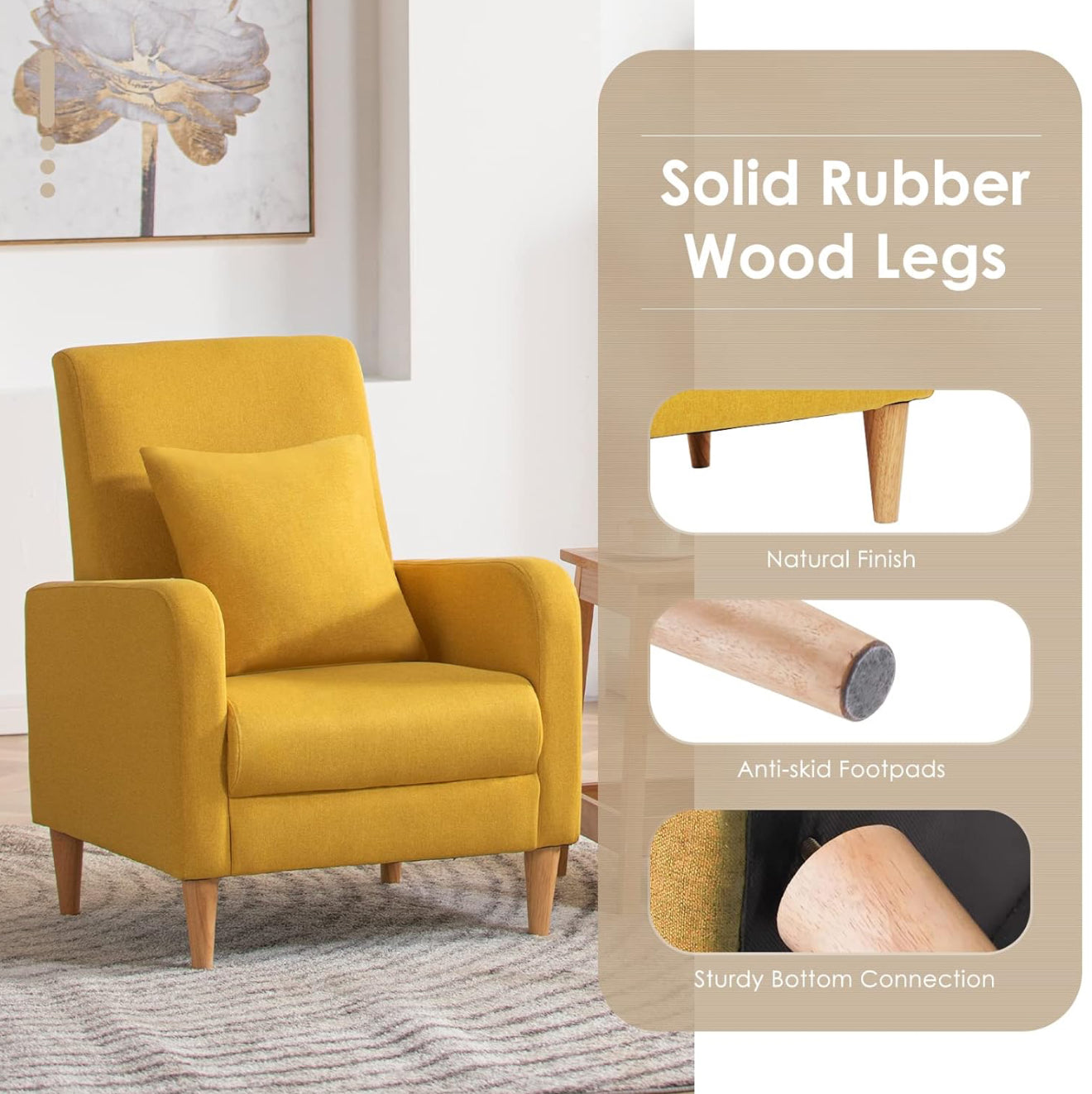 COLAMY Einzelsessel – Moderner Polstersessel mit Holzbeinen, Memory-Schaum & ergonomischer Rückenlehne – 5 Farben verfügbar (Gelb, Beige, Blau, Grau , Creme )