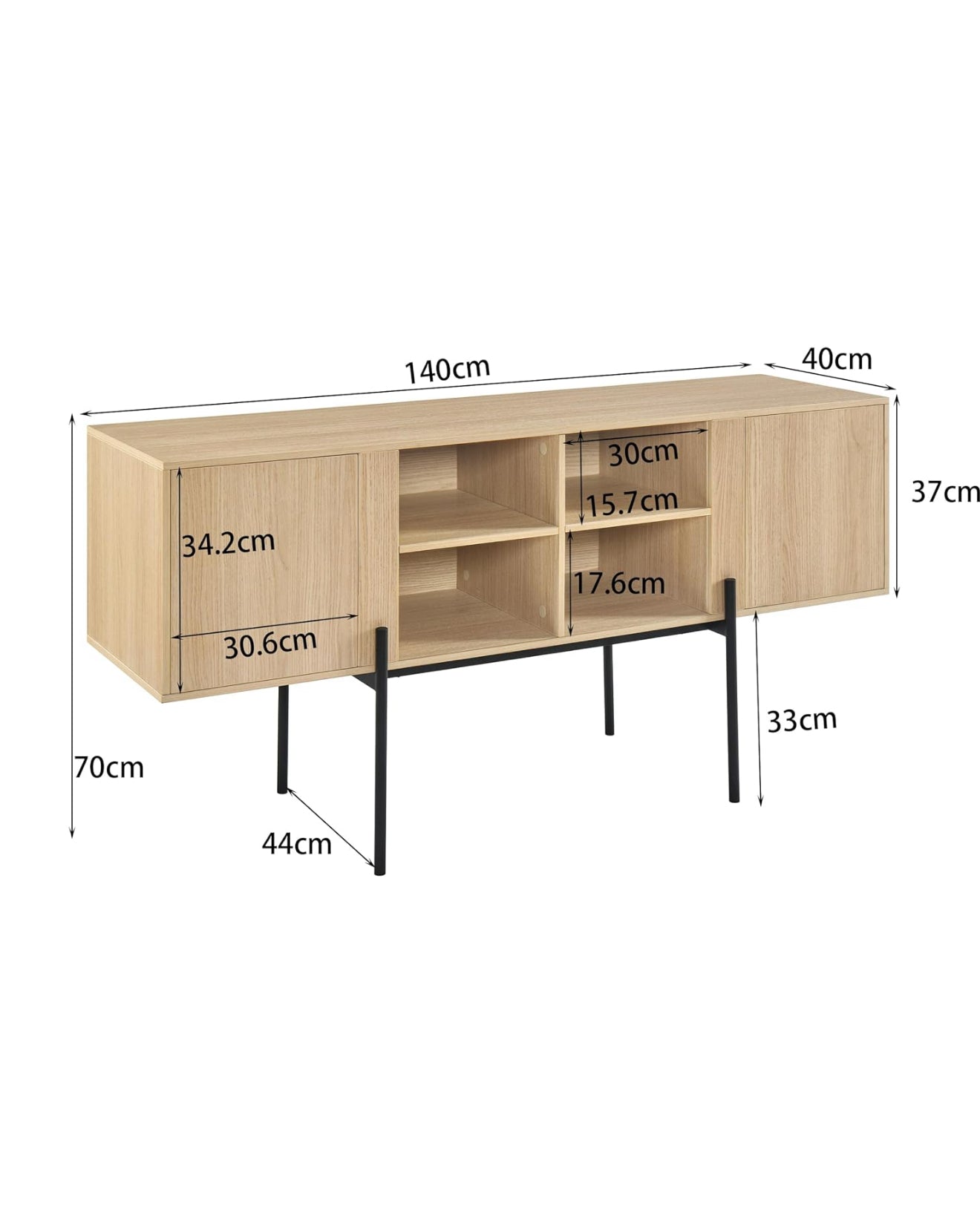 TV-Schrank 140 cm – Eichenoptik, Metallfüße, geeignet für Fernseher bis 65 Zoll – modernes Sideboard mit Türen und offenen Ablagen