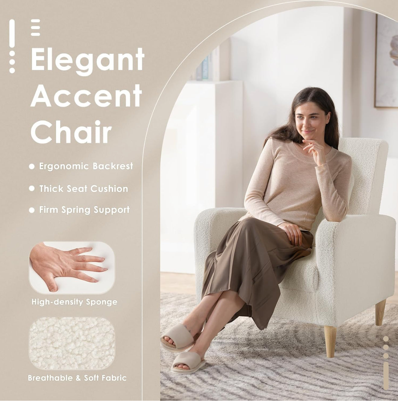 COLAMY Einzelsessel – Moderner Polstersessel mit Holzbeinen, Memory-Schaum & ergonomischer Rückenlehne – 5 Farben verfügbar (Gelb, Beige, Blau, Grau , Creme )
