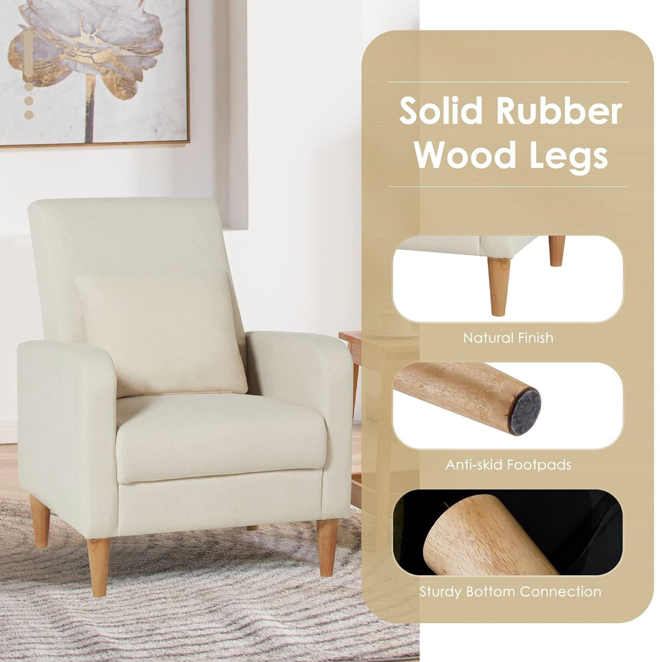 COLAMY Einzelsessel – Moderner Polstersessel mit Holzbeinen, Memory-Schaum & ergonomischer Rückenlehne – 5 Farben verfügbar (Gelb, Beige, Blau, Grau , Creme )