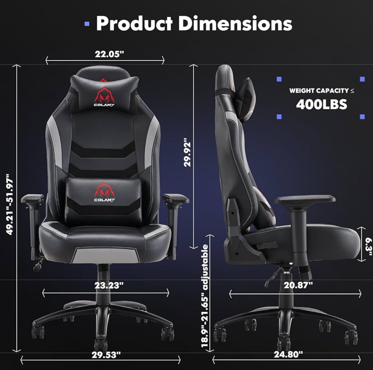 COLAMY Gaming-Stuhl XXL PU-Leder 159–181kg 3D / 4D Armlehnen Bürostuhl ( Grau !!!! )