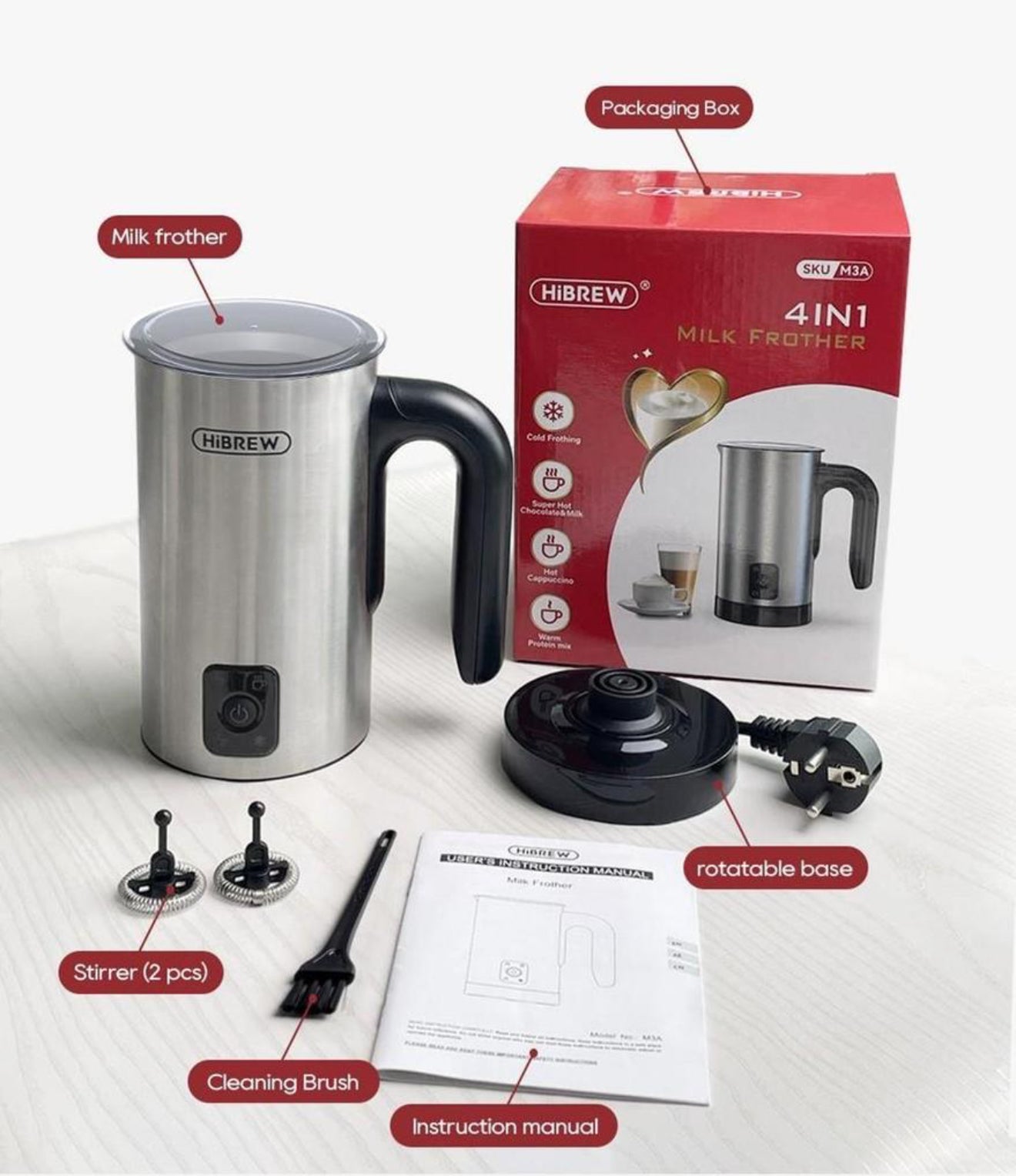 HiBREW M3A 4-in-1 Milchaufschäumer – Vollautomatischer Milchwärmer, Kalt-/Heißaufschäumung, 130 ml Kapazität, Antihaftbeschichtet, Präzise Temperaturkontrolle, Silber