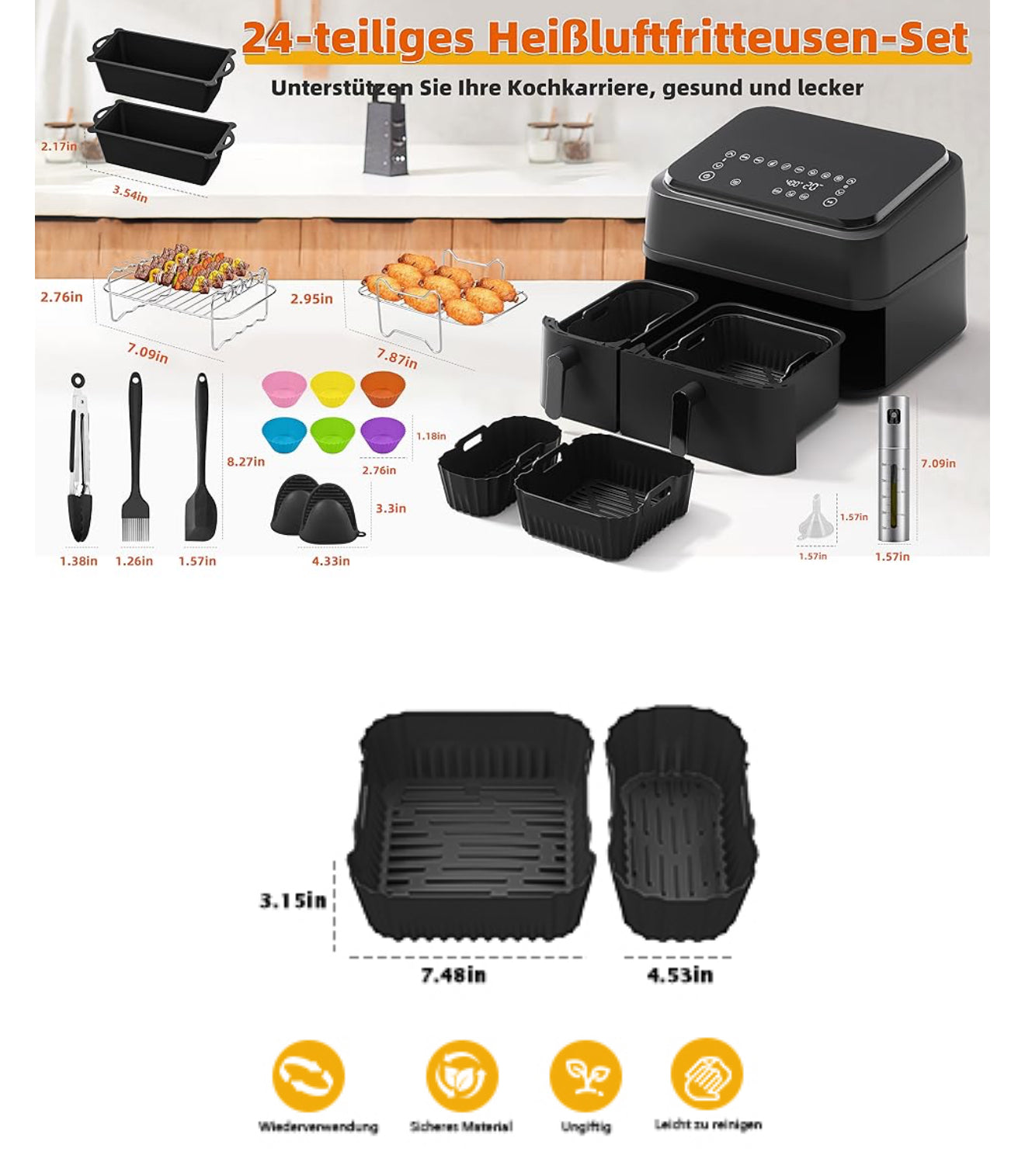 Philips Airfryer Zubehör Set – 24-teilig für Philips Airfryer 3000/5000 Dual Basket Serie NA350/00 & NA550/00 – BPA-freies Silikon & Edelstahl, 6L + 3L Formen, Tostpfannen & Ölsprüher