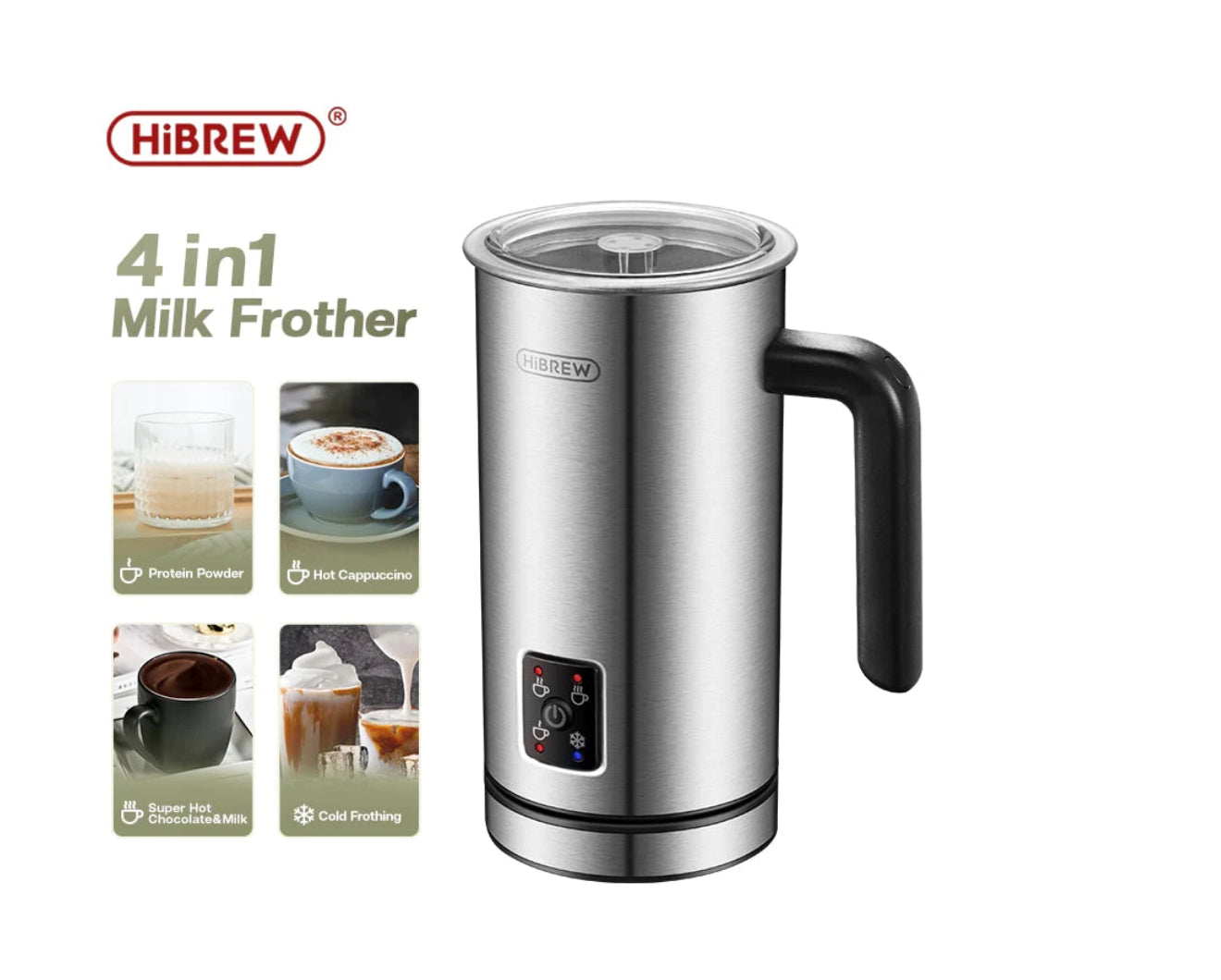 HiBREW M3A 4-in-1 Milchaufschäumer – Vollautomatischer Milchwärmer, Kalt-/Heißaufschäumung, 130 ml Kapazität, Antihaftbeschichtet, Präzise Temperaturkontrolle, Silber