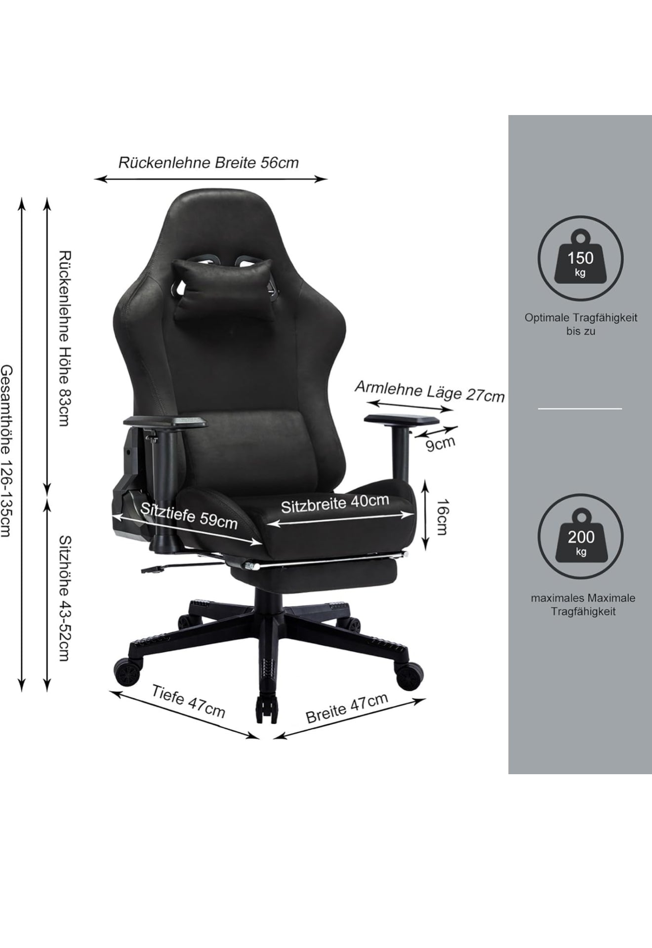 Gaming Stuhl ergonomisch | PC Stuhl, höhenverstellbar, drehbar, Fußstütze, 4 Farben