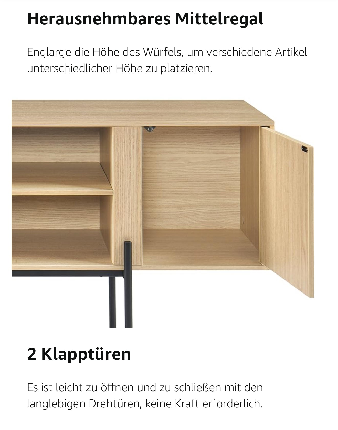 TV-Schrank 140 cm – Eichenoptik, Metallfüße, geeignet für Fernseher bis 65 Zoll – modernes Sideboard mit Türen und offenen Ablagen