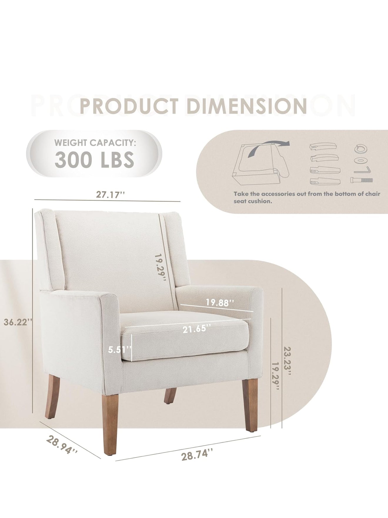 Moderner Akzentstuhl in Beige, Blau, F Blau & Hellgrau – Ergonomisch gepolstert, mit Holzfüßen, hoher Rückenlehne & 150 kg Tragkraft