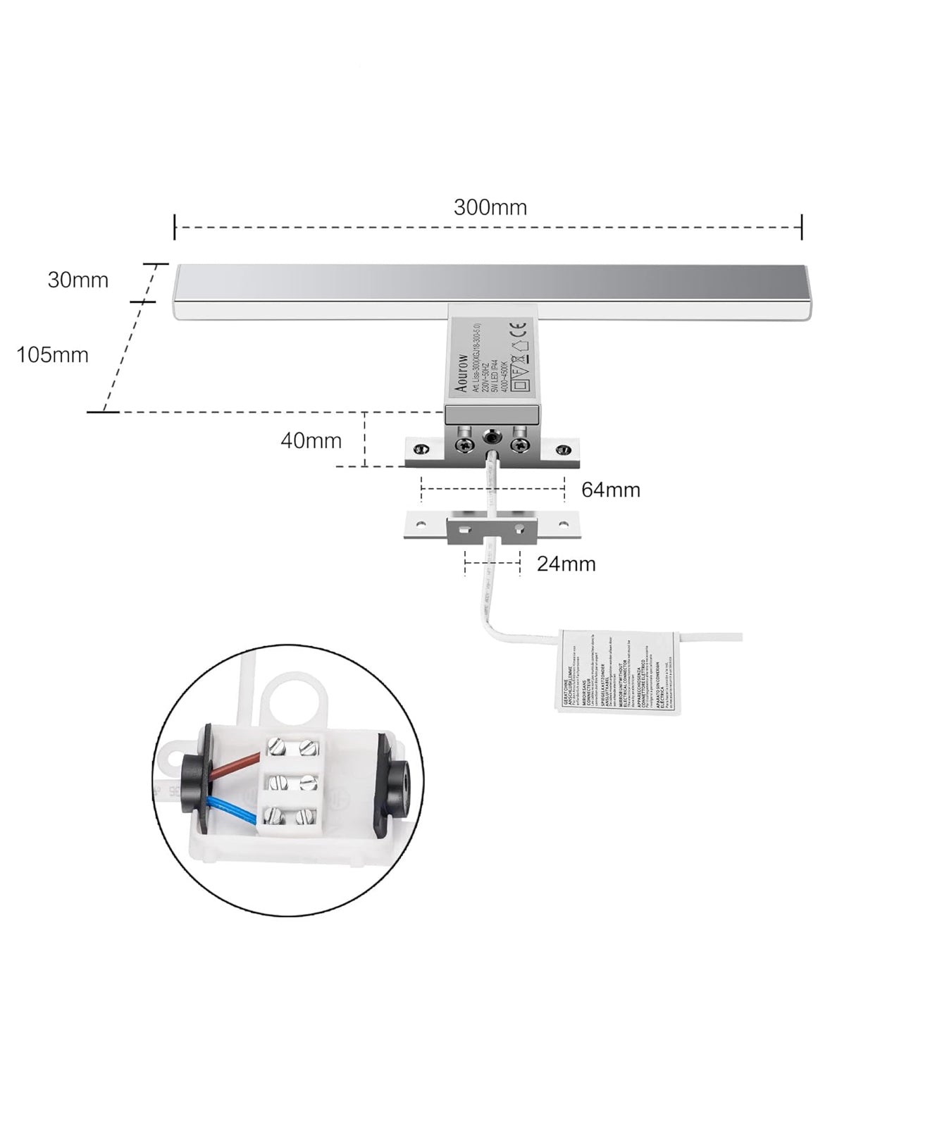 LED Spiegel Lampe 5W 500LM IP44 Neutralweiß 4000K, Edelstahl, 30cm, Make-up Licht
