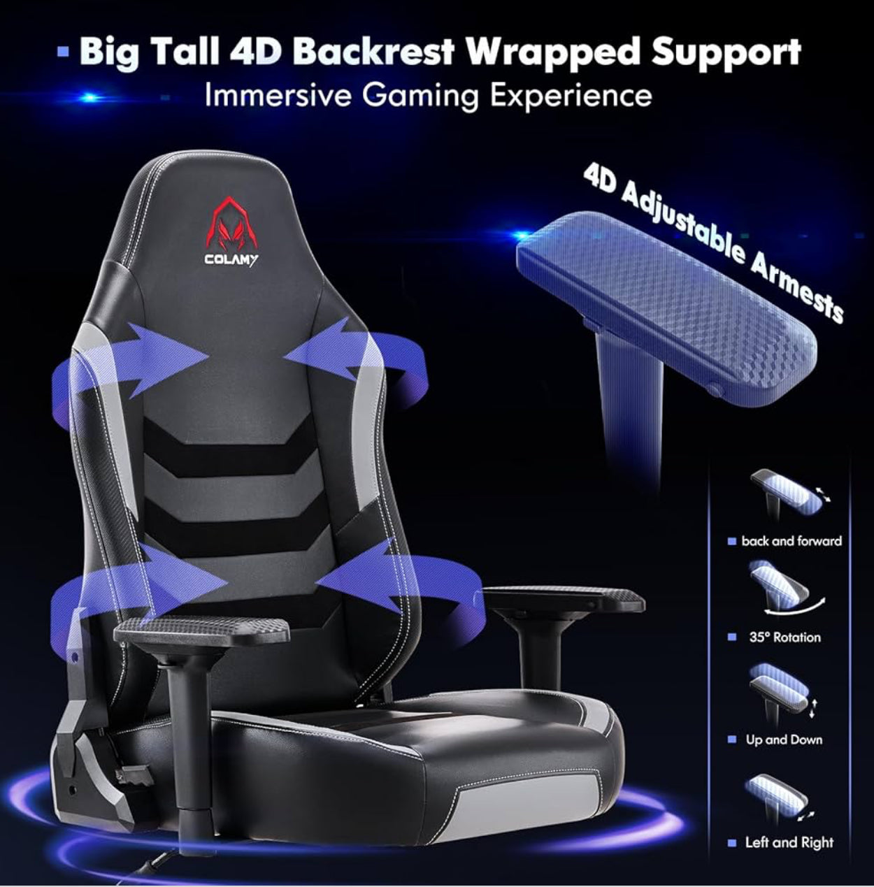 COLAMY Gaming-Stuhl XXL PU-Leder 159–181kg 3D / 4D Armlehnen Bürostuhl ( Grau !!!! )