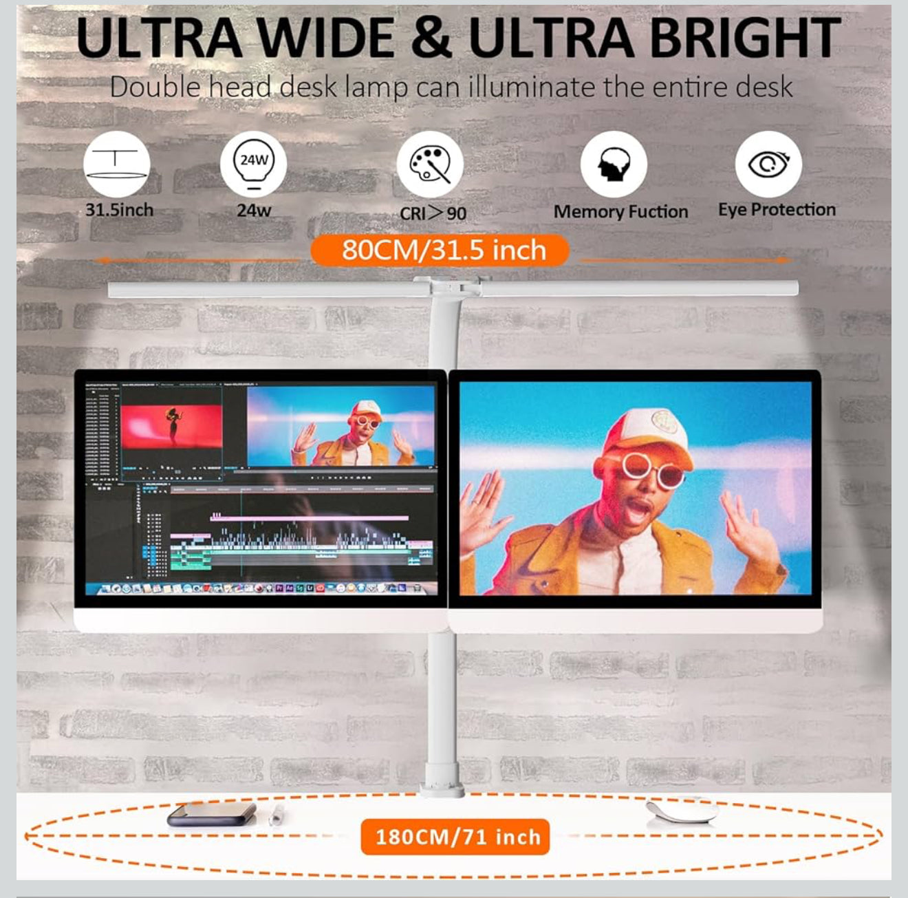 LOTTBUTY LED Schreibtischlampe 24W, Dimmbar, 80cm, Doppelkopf, Klemmlampe, Tageslicht, Weiß , Augenschutz
