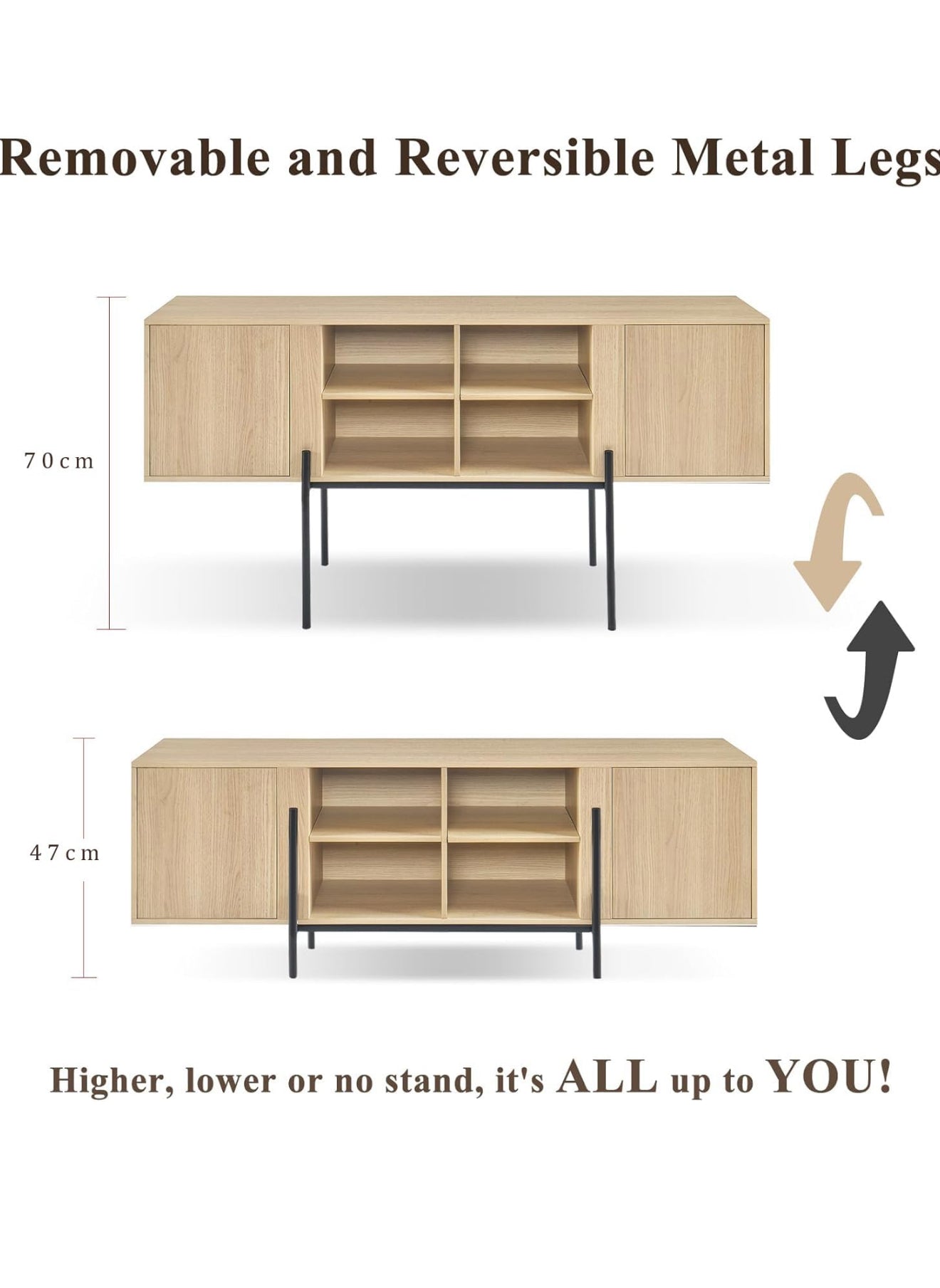 TV-Schrank 140 cm – Eichenoptik, Metallfüße, geeignet für Fernseher bis 65 Zoll – modernes Sideboard mit Türen und offenen Ablagen