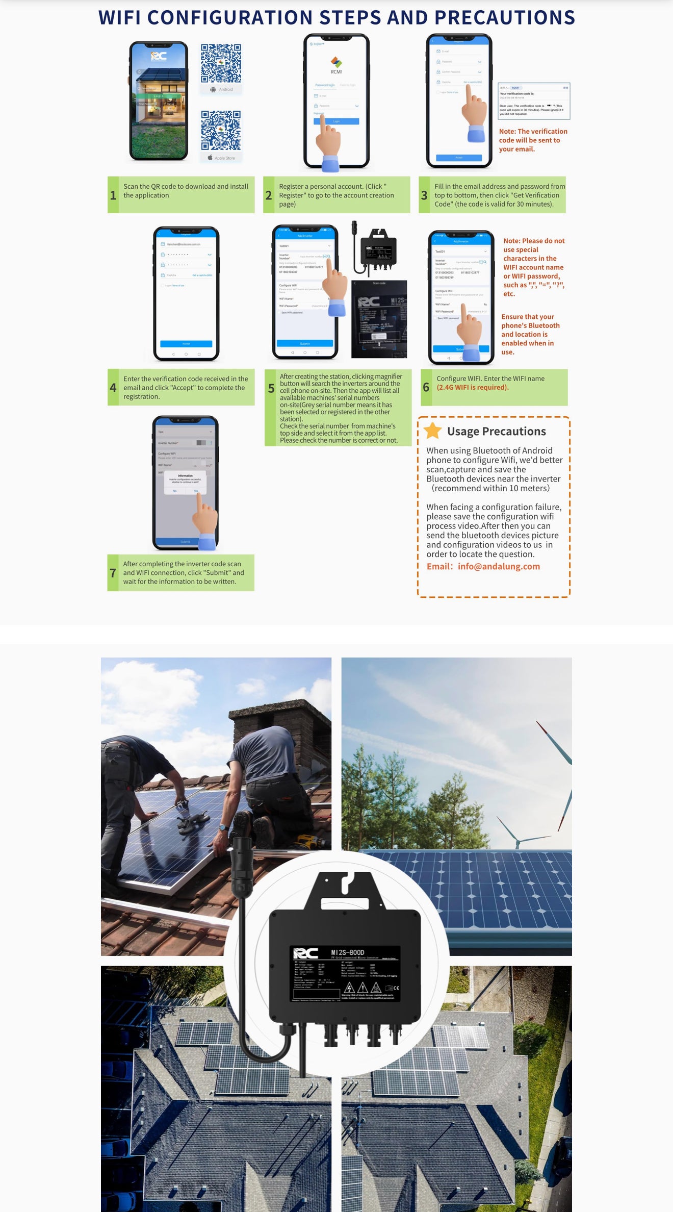 RC Mikroinverter 800W Solar Wechselrichter, 26–60V DC, MPPT, WiFi/Bluetooth, IP67, Balkonkraftwerk