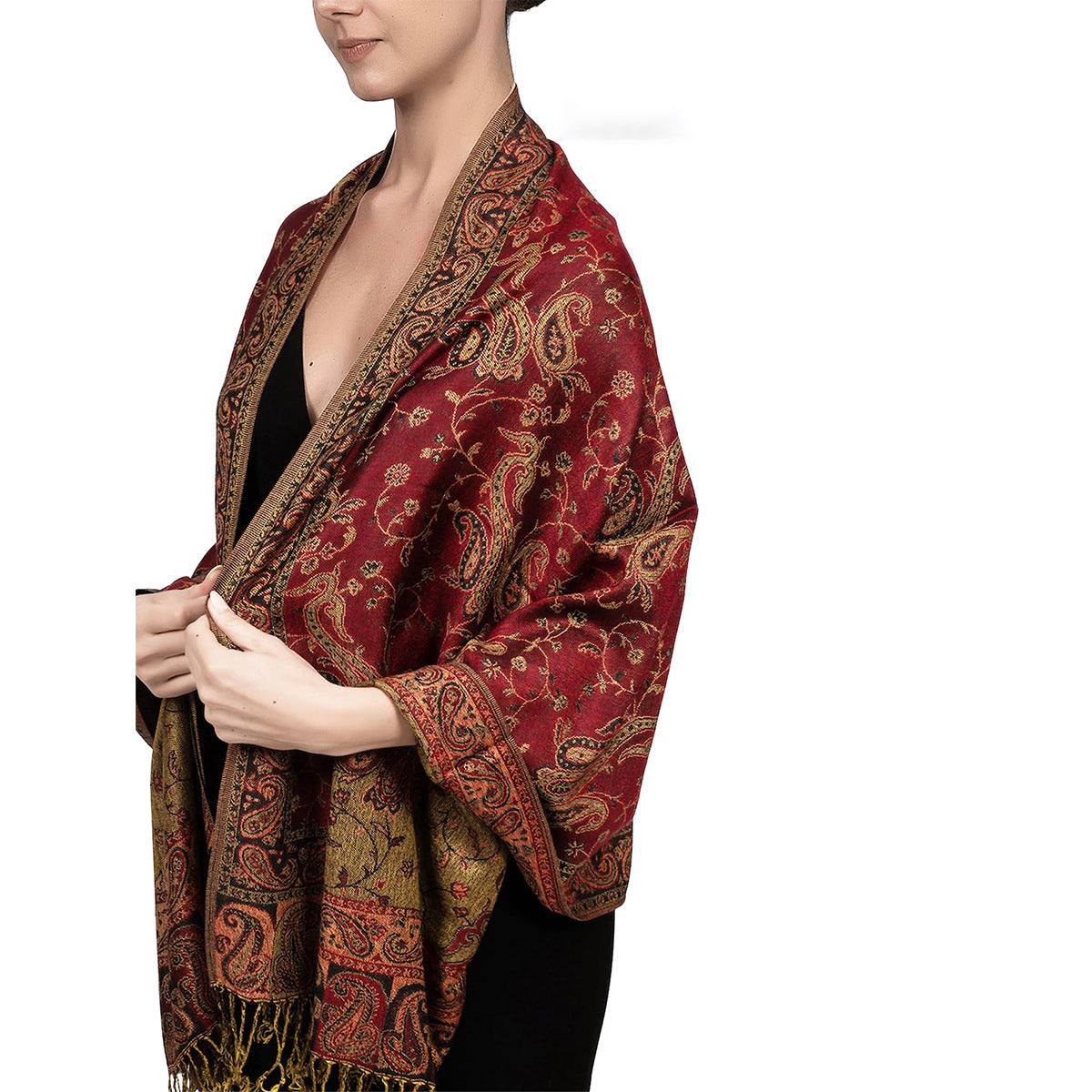 ALTIN™ Jacquard Ethno Schal mit Paisley-Muster – Fransen & weiches Gewebe | 175 cm+ | Perfekt für Herbst, Winter & jede Jahreszeit