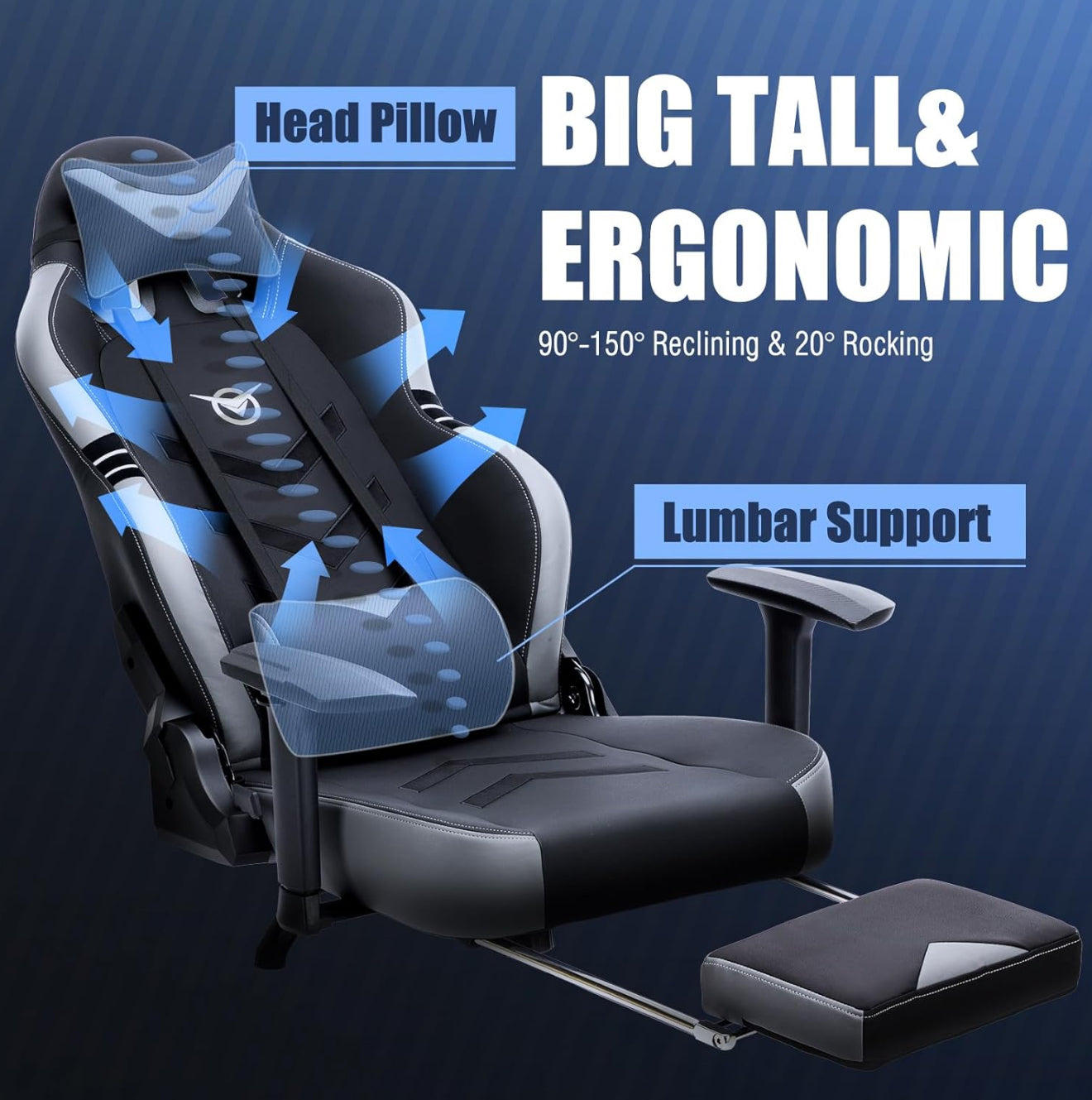 COLAMY Gaming-Stuhl XXL PU-Leder 159–181kg 3D / 4D Armlehnen Bürostuhl ( Grau !!!! )