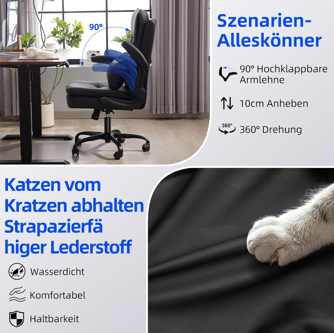 Ergonomischer Bürostuhl | Kratzfestes Kunstleder | Klappbare Armlehnen | 150 kg