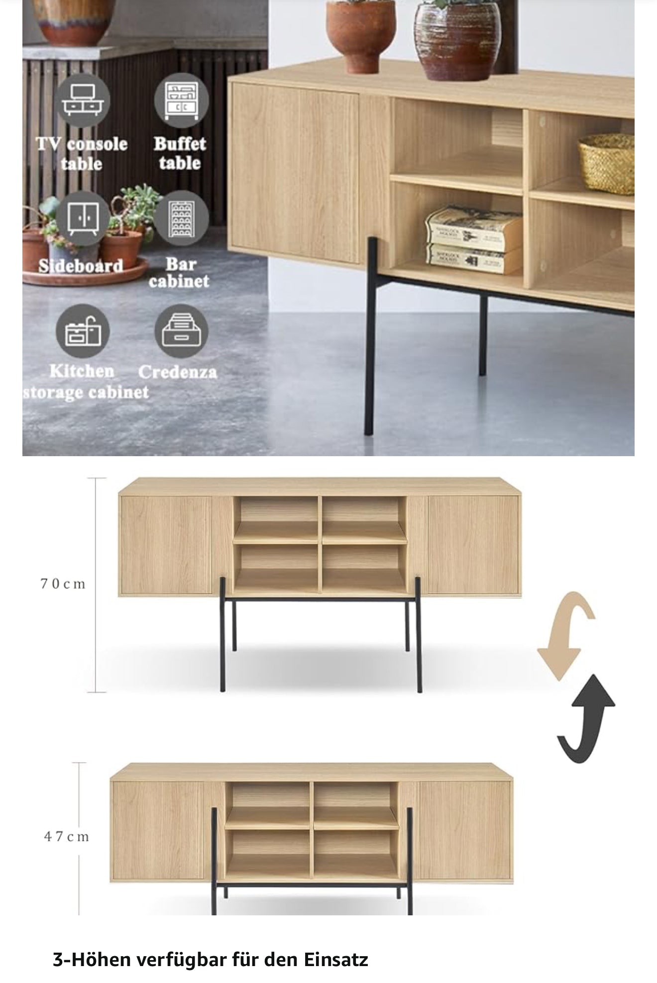 TV-Schrank 140 cm – Eichenoptik, Metallfüße, geeignet für Fernseher bis 65 Zoll – modernes Sideboard mit Türen und offenen Ablagen