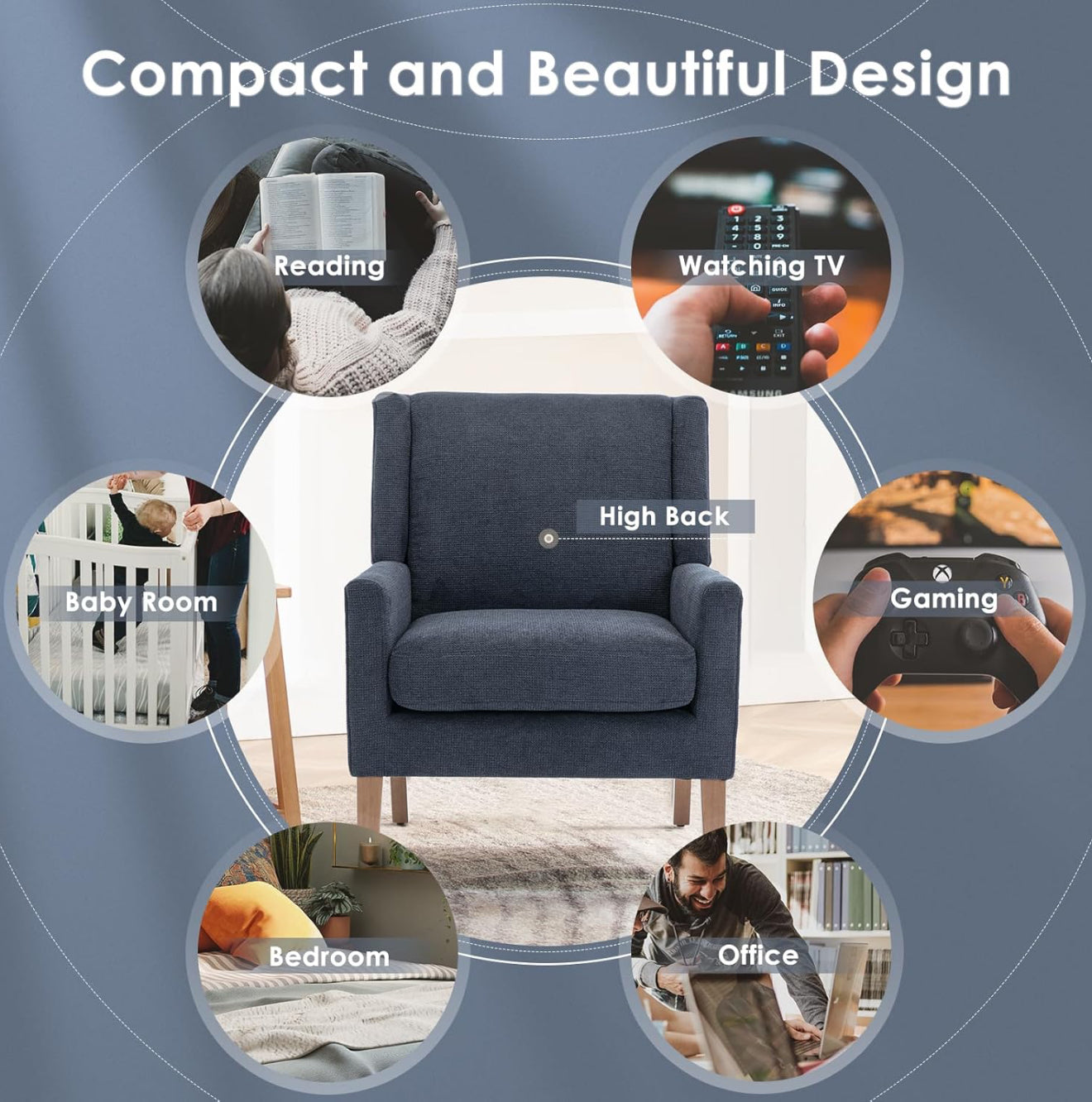 Moderner Akzentstuhl in Beige, Blau, F Blau & Hellgrau – Ergonomisch gepolstert, mit Holzfüßen, hoher Rückenlehne & 150 kg Tragkraft