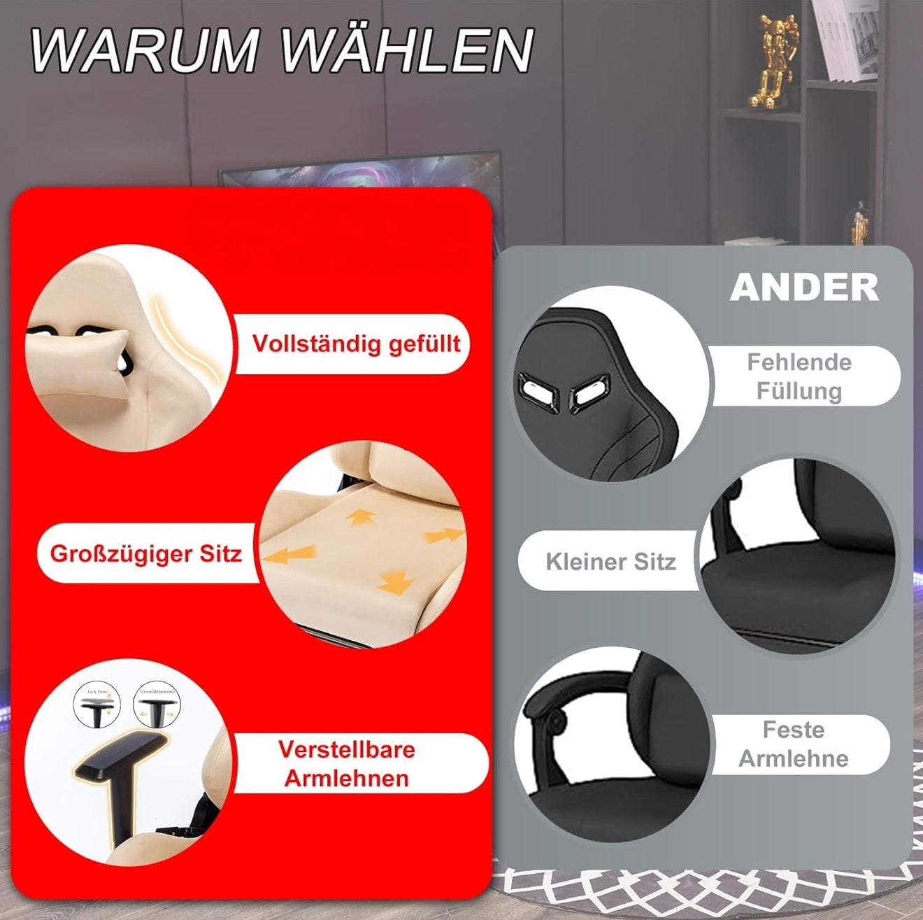 Gaming Stuhl ergonomisch | PC Stuhl, höhenverstellbar, drehbar, Fußstütze, 4 Farben