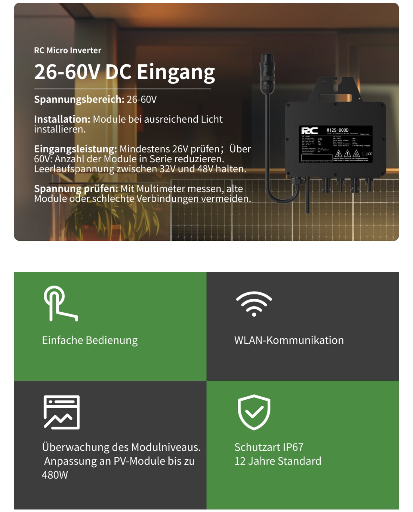 RC Mikroinverter 800W Solar Wechselrichter, 26–60V DC, MPPT, WiFi/Bluetooth, IP67, Balkonkraftwerk