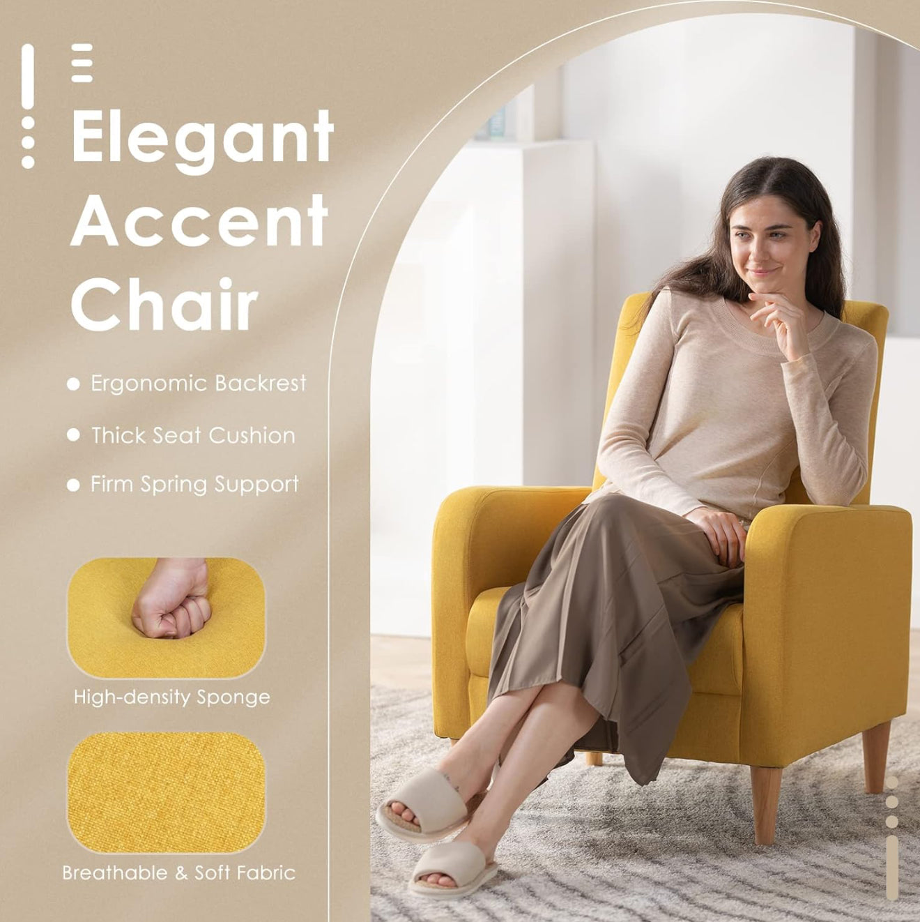 COLAMY Einzelsessel – Moderner Polstersessel mit Holzbeinen, Memory-Schaum & ergonomischer Rückenlehne – 5 Farben verfügbar (Gelb, Beige, Blau, Grau , Creme )