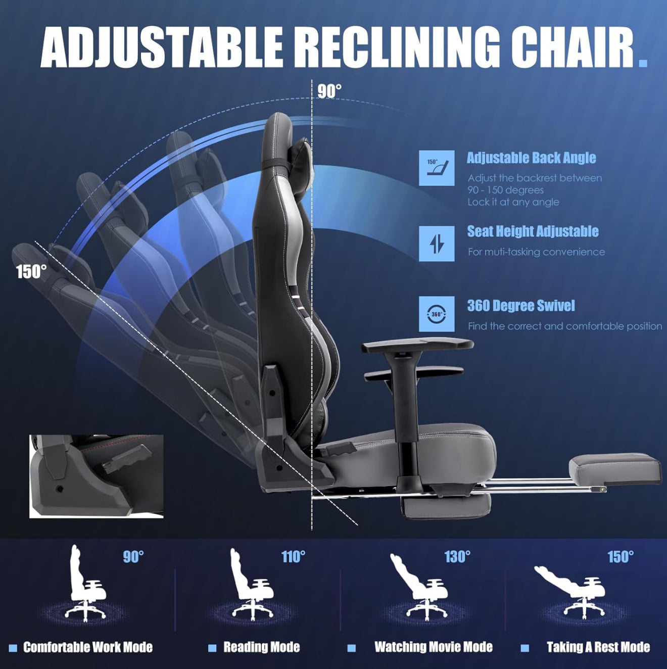COLAMY Gaming-Stuhl XXL PU-Leder 159–181kg 3D / 4D Armlehnen Bürostuhl ( Grau !!!! )
