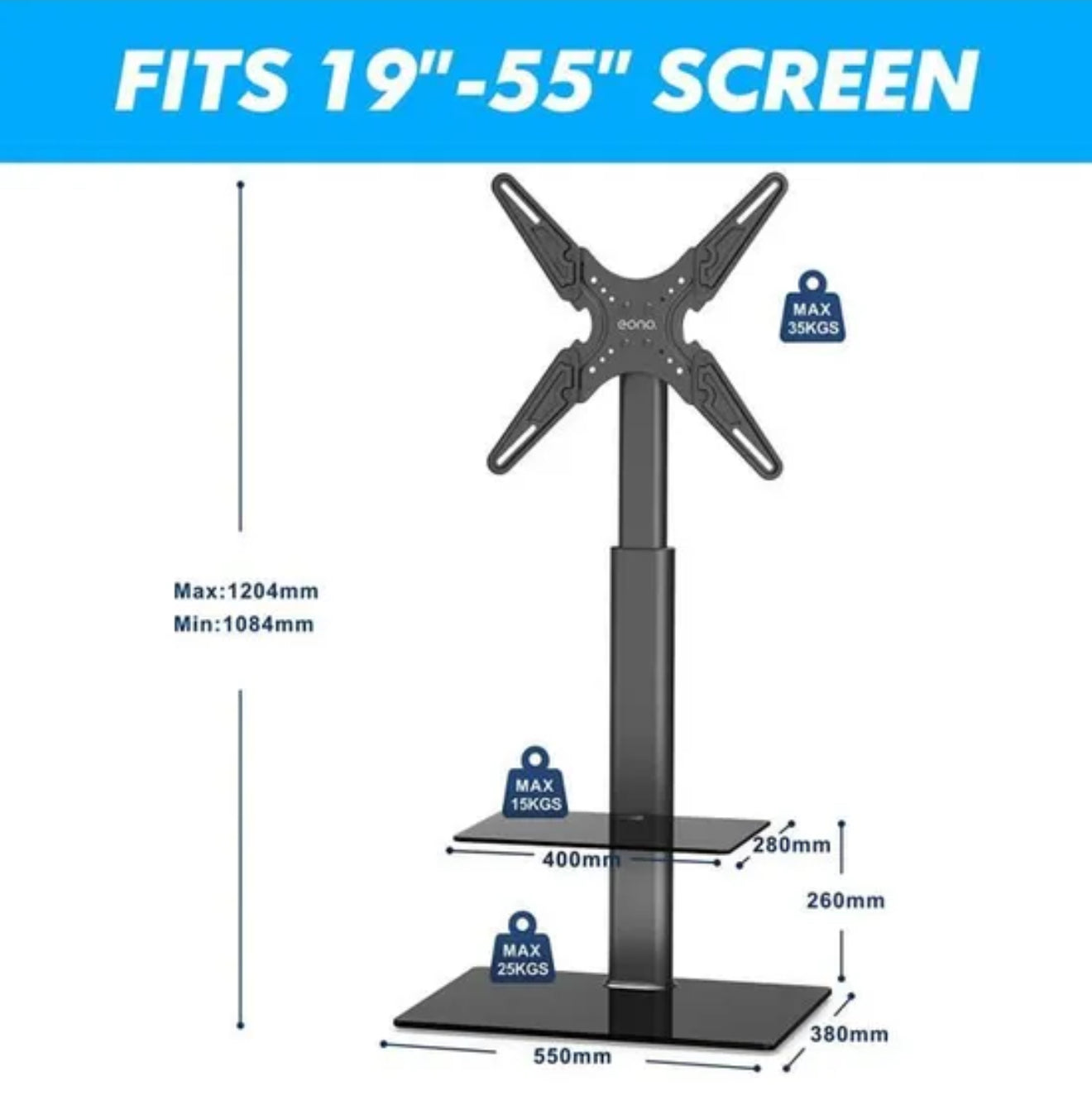 ALTIN™ TV Standfuß 32–55 Zoll – Höhenverstellbar, Schwenkbar – Universal TV-Ständer mit 2 Ablagen für LED LCD QLED OLED – Bis 60 Zoll & 35 kg