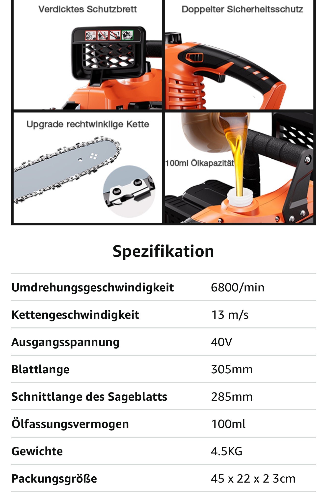 Akku Kettensäge 40 V – 30 cm, Brushless Motor, 2 Akkus & Ladegerät