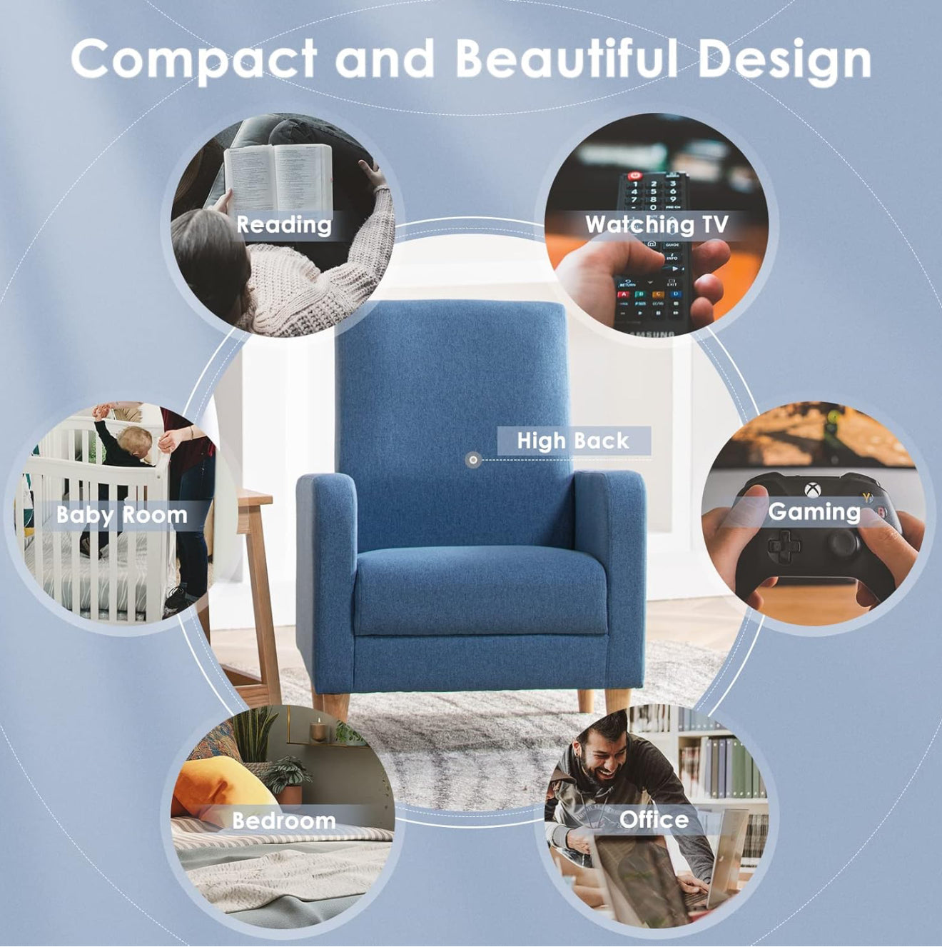 Moderner Akzentstuhl in Beige, Blau, F Blau & Hellgrau – Ergonomisch gepolstert, mit Holzfüßen, hoher Rückenlehne & 150 kg Tragkraft