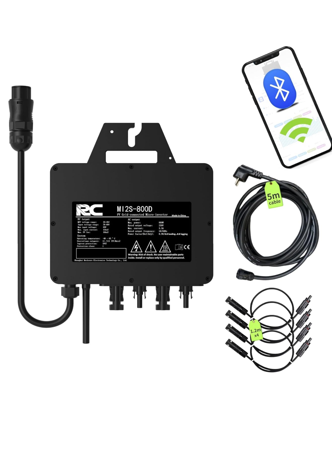 RC Mikroinverter 800W Solar Wechselrichter, 26–60V DC, MPPT, WiFi/Bluetooth, IP67, Balkonkraftwerk