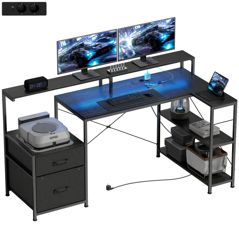 L-förmiger Gaming-Schreibtisch mit LED, Steckdosen & Monitorablage