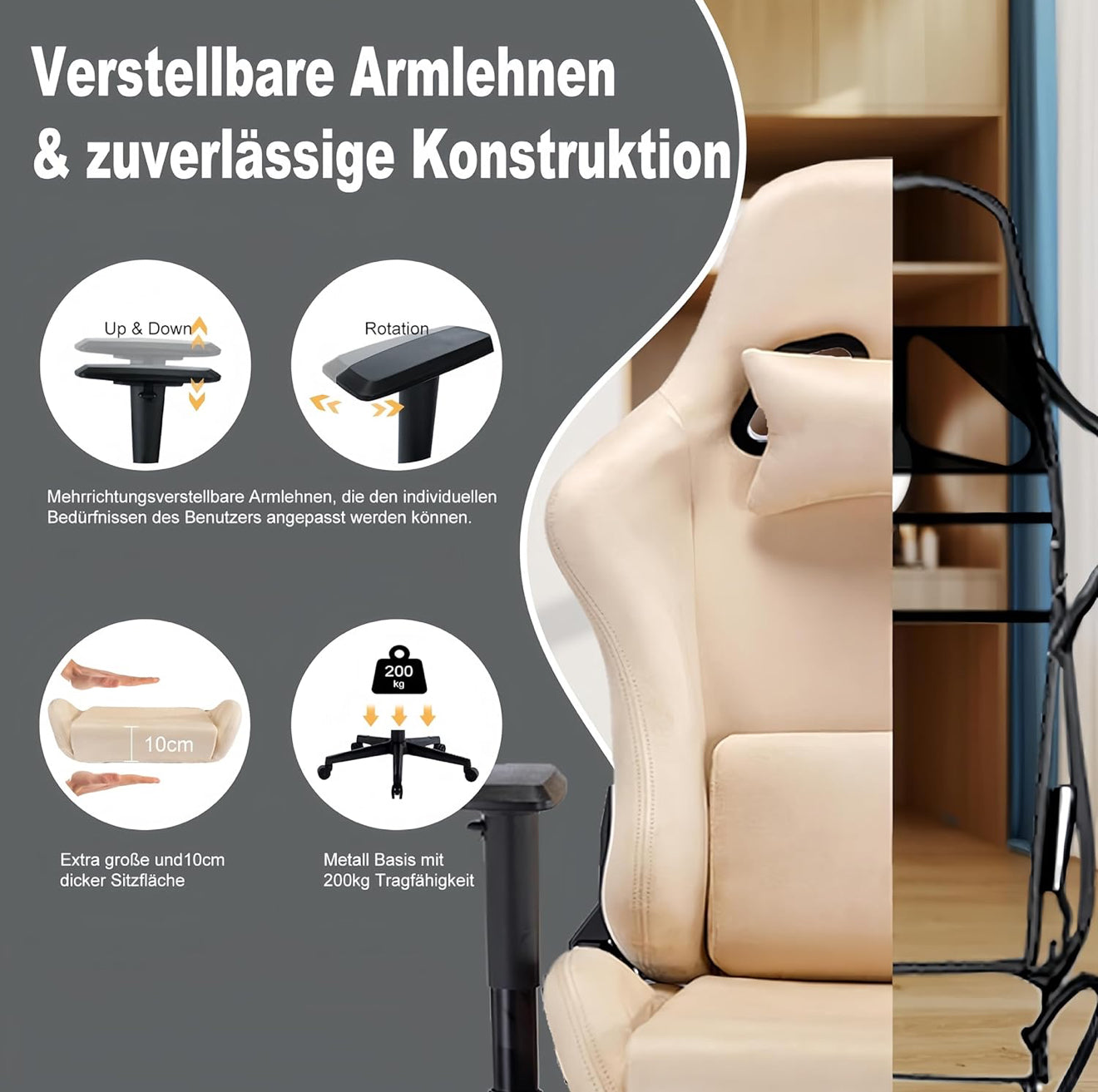 Gaming Stuhl ergonomisch | PC Stuhl, höhenverstellbar, drehbar, Fußstütze, 4 Farben