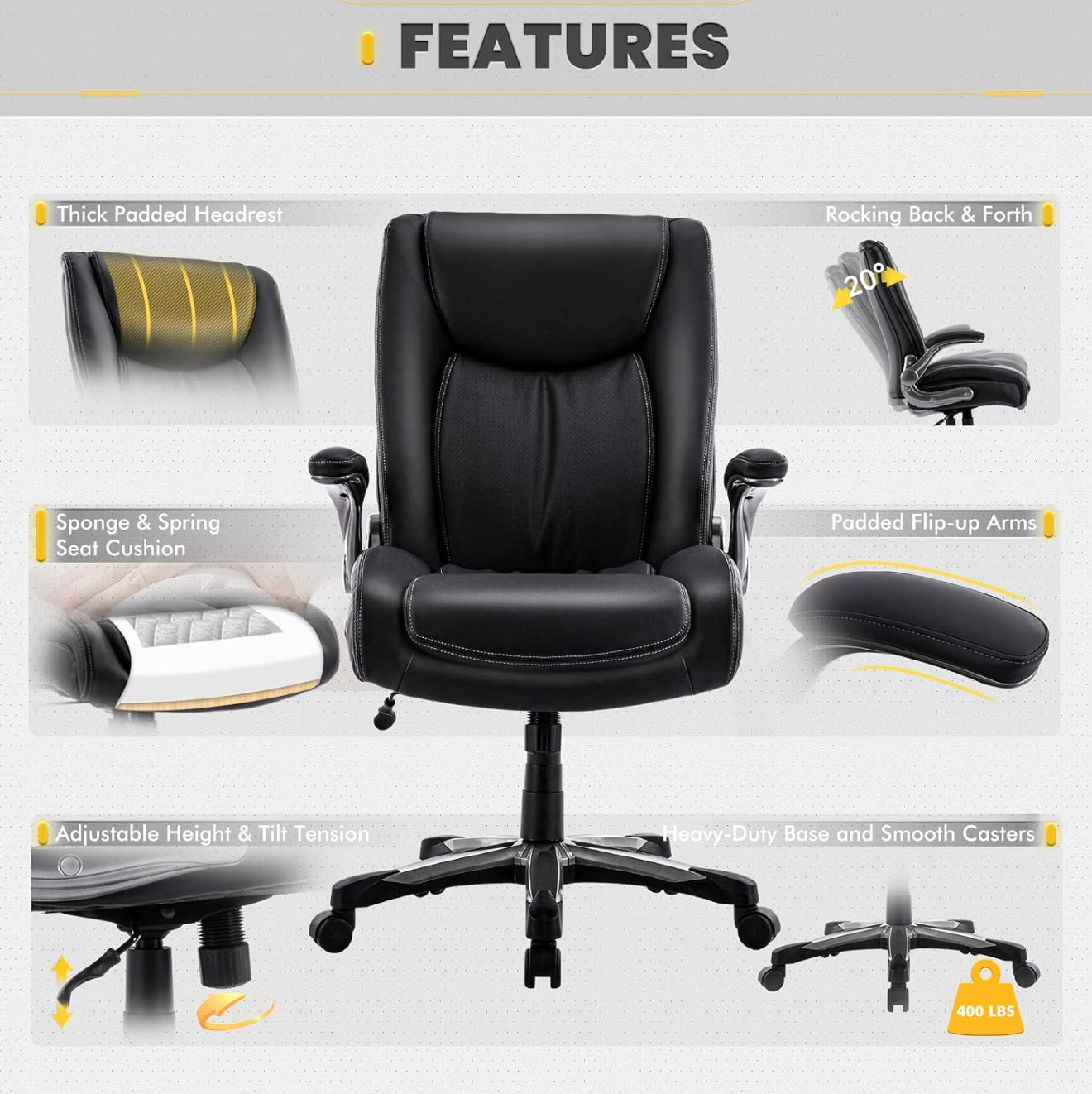 COLAMY XXL Bürostuhl 181 kg Tragkraft – Hochlehner Chefsessel mit klappbaren Armlehnen, Synchronmechanik, 58 cm extra breitem Sitz, ergonomischer Lordosenstütze & atmungsaktivem Kunstleder – Schwarz