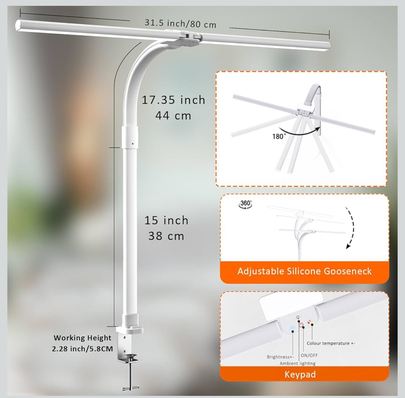 LOTTBUTY LED Schreibtischlampe 24W, Dimmbar, 80cm, Doppelkopf, Klemmlampe, Tageslicht, Weiß , Augenschutz