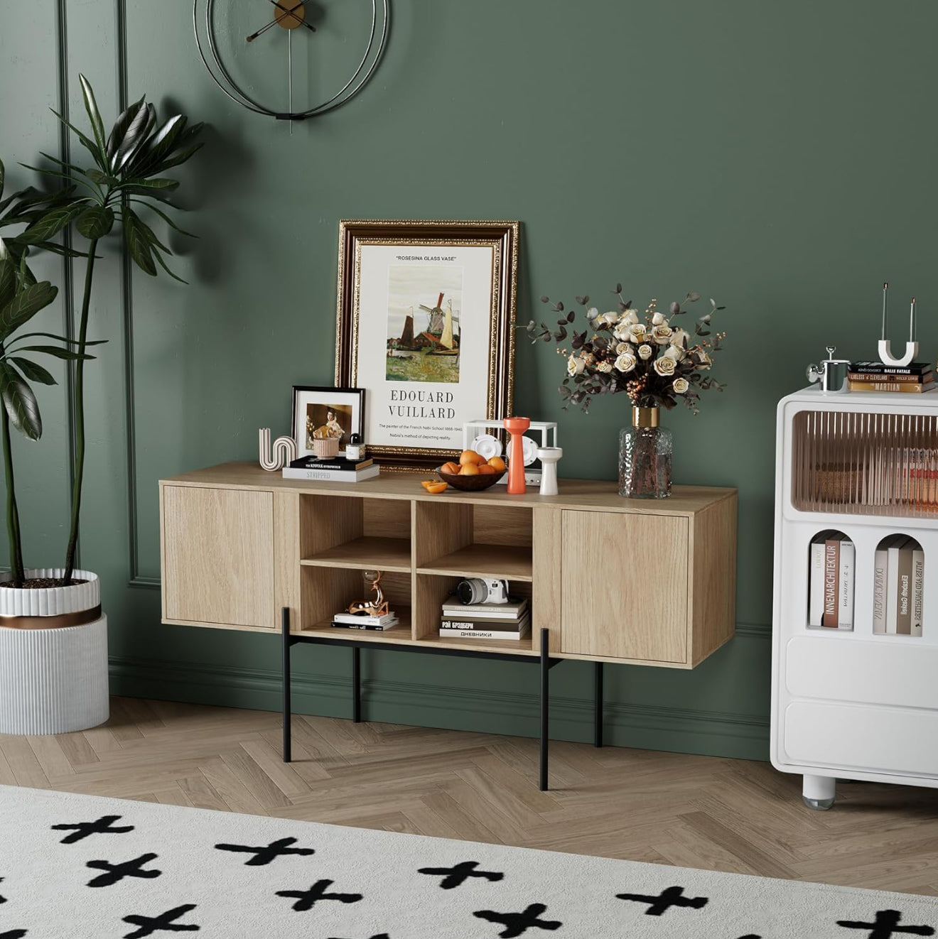 TV-Schrank 140 cm – Eichenoptik, Metallfüße, geeignet für Fernseher bis 65 Zoll – modernes Sideboard mit Türen und offenen Ablagen