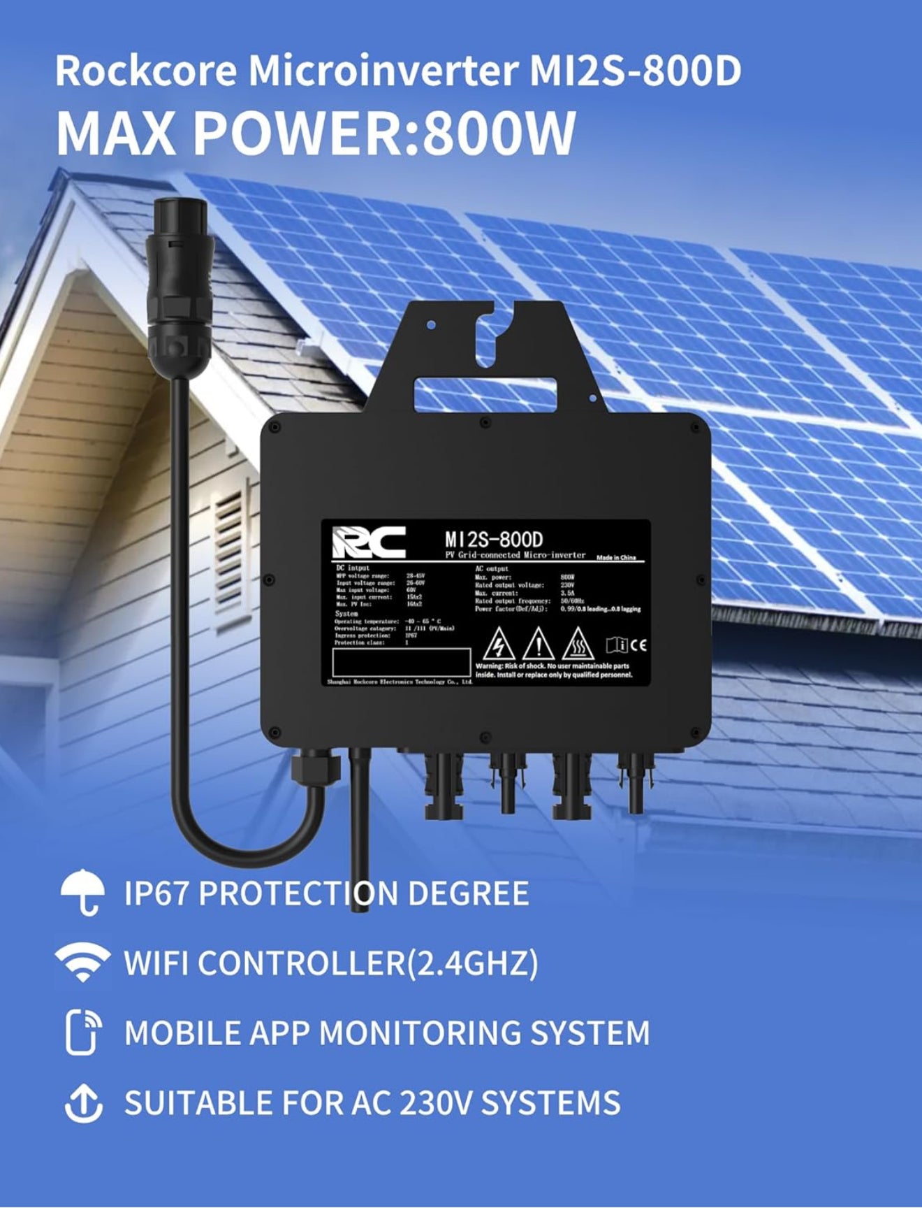 RC Mikroinverter 800W Solar Wechselrichter, 26–60V DC, MPPT, WiFi/Bluetooth, IP67, Balkonkraftwerk