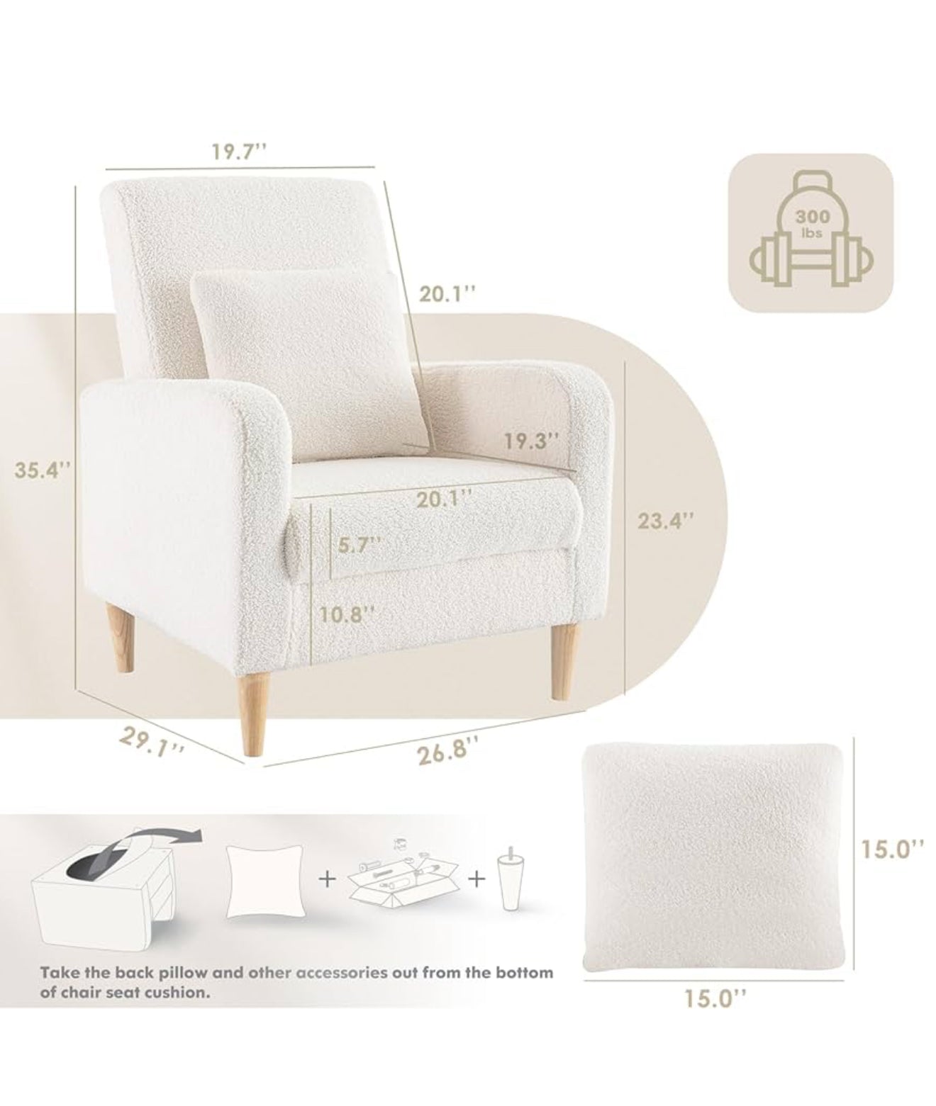 COLAMY Einzelsessel – Moderner Polstersessel mit Holzbeinen, Memory-Schaum & ergonomischer Rückenlehne – 5 Farben verfügbar (Gelb, Beige, Blau, Grau , Creme )