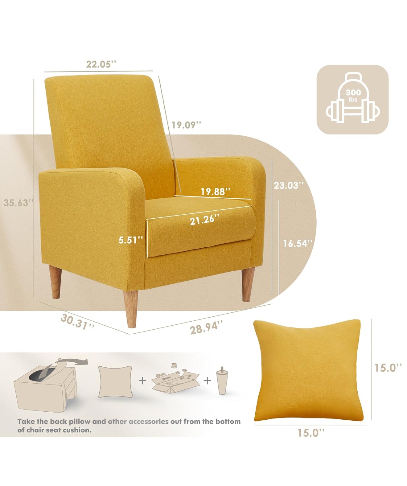 COLAMY Einzelsessel – Moderner Polstersessel mit Holzbeinen, Memory-Schaum & ergonomischer Rückenlehne – 5 Farben verfügbar (Gelb, Beige, Blau, Grau , Creme )