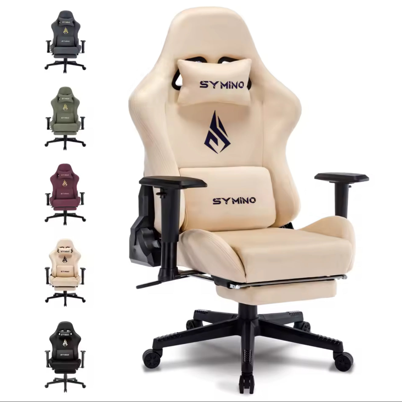 Symino—Gaming Stuhl ergonomisch | PC Stuhl, höhenverstellbar, drehbar, Fußstütze, 4 Farben